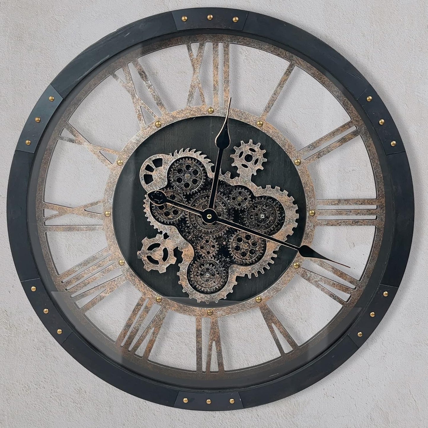 DORBOKER 24" Large Wall Clock with Moving Gears,Oversize Vintage Industrial Rustic Farmhouse Clocks for Living Room Decor Office Home,Solid Wood HD Tempered Glass Cover,Vintage Black
