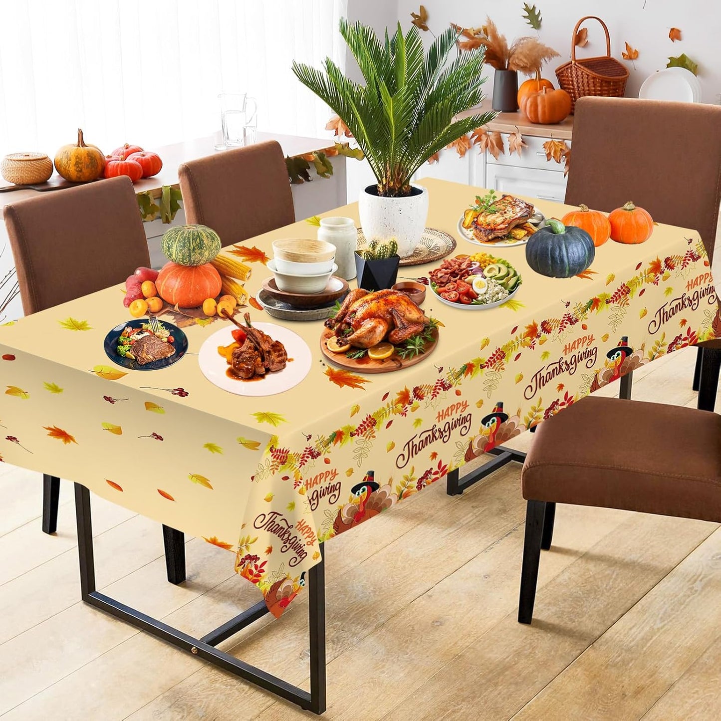 2 Pack Happy Thanksgiving Tablecloth - Fall Thanksgiving Turkey Table cloths, Disposable Plastic Rectangle Autumn Pumpkin Maple Leaf Table Cover for Thanks Giving Tables Decor Party Supplies,108x54In