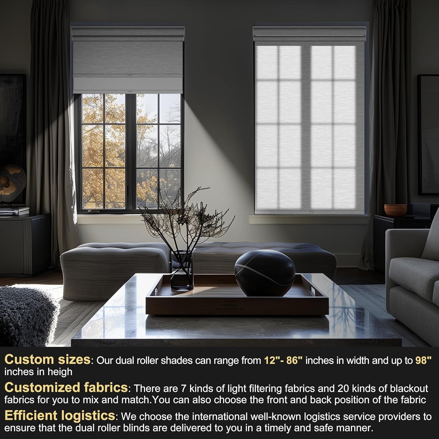 BERISSA Cordless Dual Roller Shades with Cassette Valance,Double Window Shades Blackout and Light Filtering Shades,Day and Night Roller Shades for Home Office Door.Striped Jacquard White.59 W x 86" H