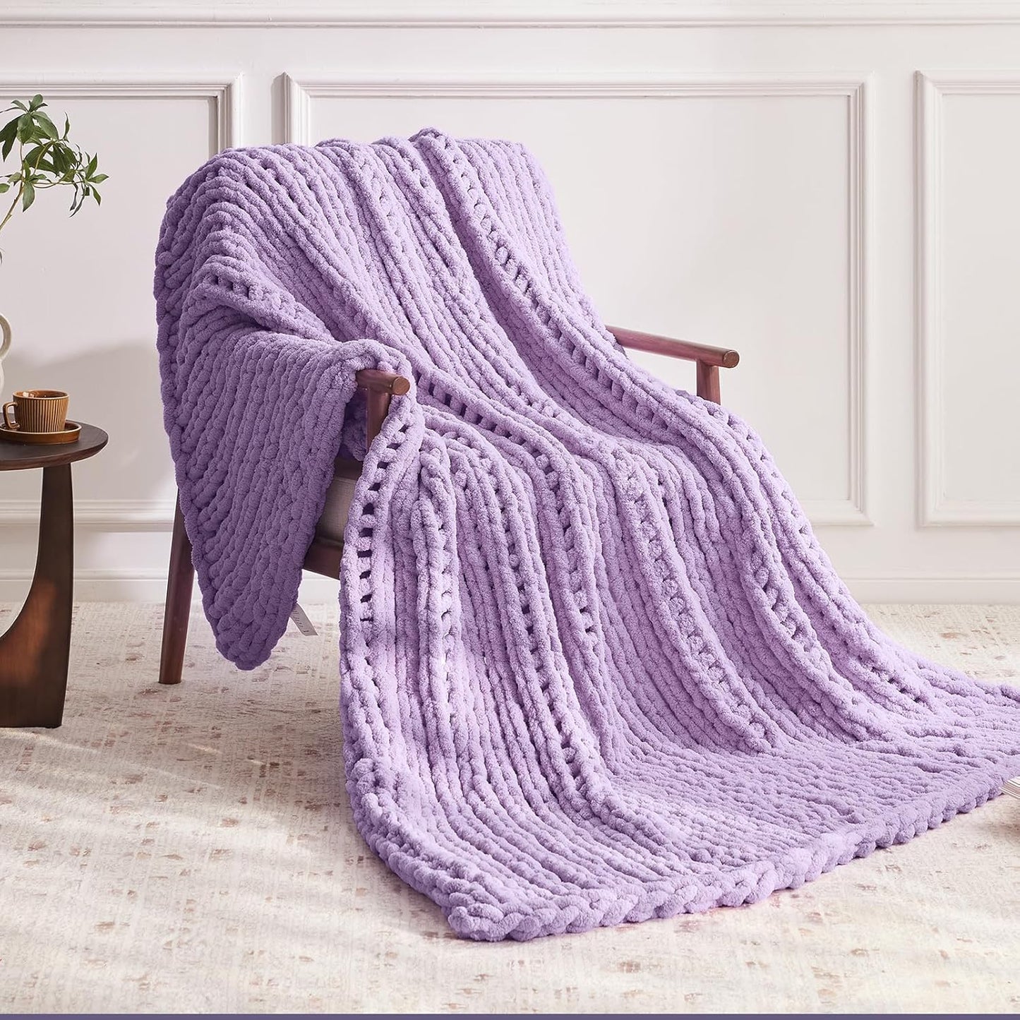 Chunky Knit Throw Blanket, 60''*80'' Knitted Throw Chenille Yarn for Bed Couch, Handmade Light Purple Crochet Big Thick Blanket, Machine Washable Cute Comfy Blanket for Home Decor
