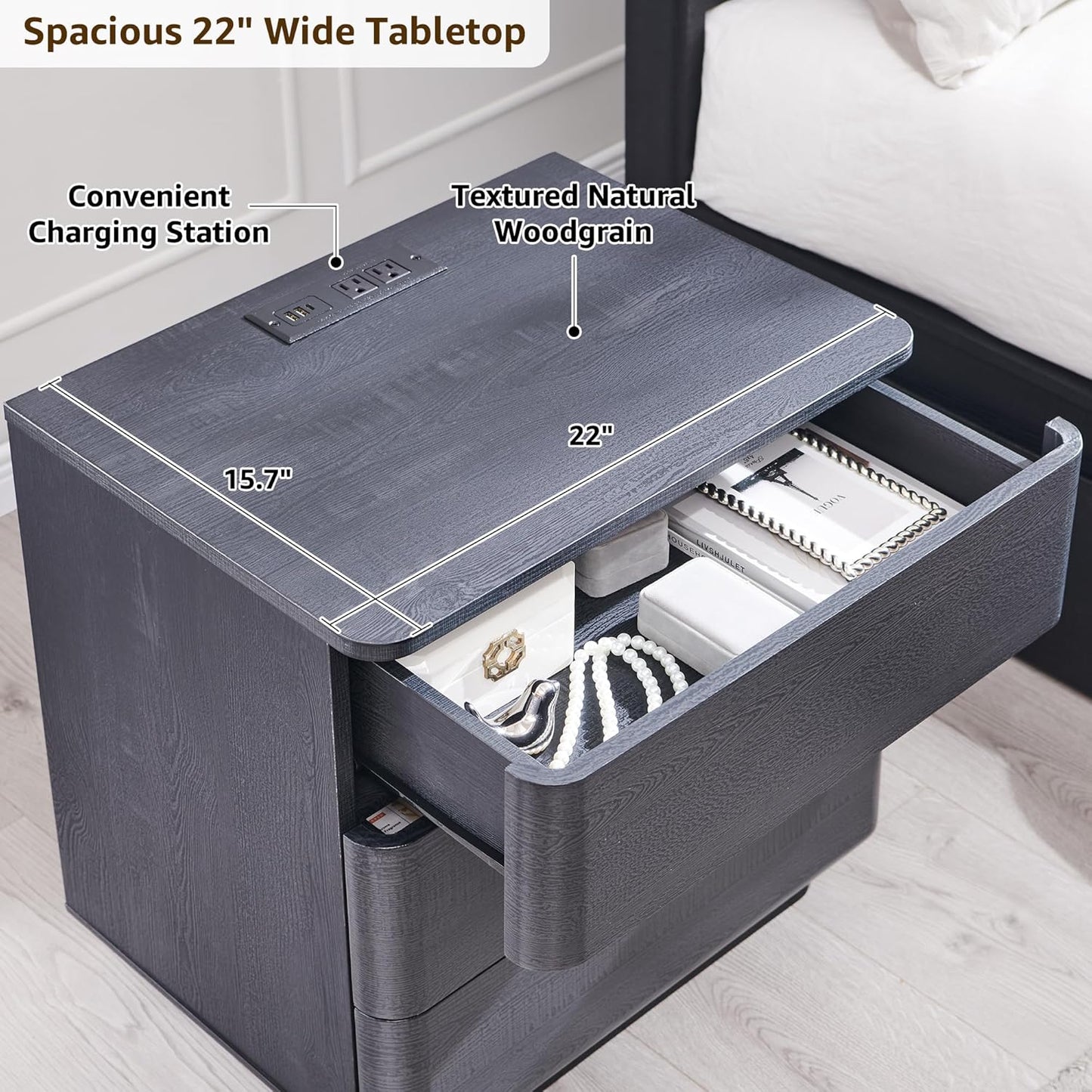 JXQTLINGMU 22" Modern Nightstand with Charging Station, Large Push-to-Open End Table, Wood Bedside Table w/Curved Profile Design, Handleless 3 Drawer Night Stand for Bedroom, Living Room, Black