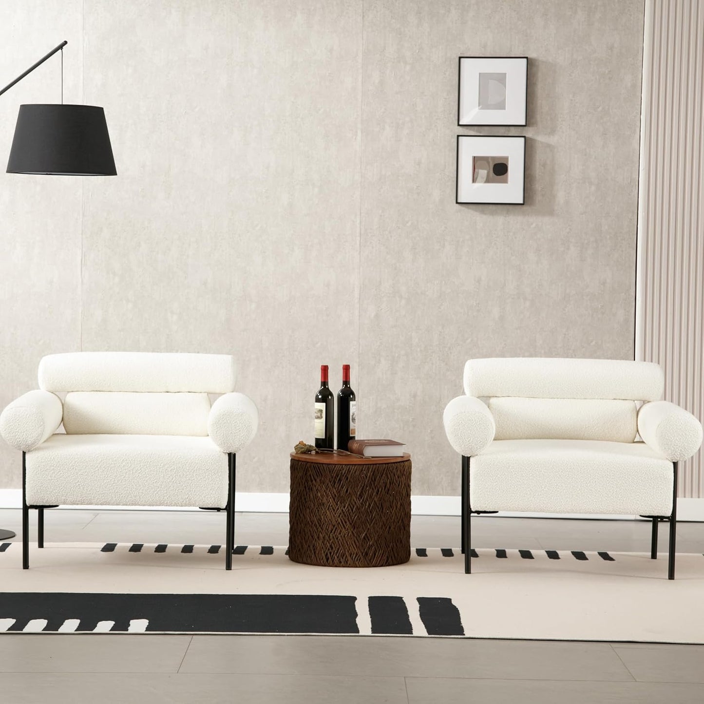 Modern Accent Chairs Set of 2, Boucle Sofa Accent Chairs for Living Room, Oversized Upholstered Sherpa Mid-Century Office Reading Armchairs with Channel Tufted for Bedroom, White