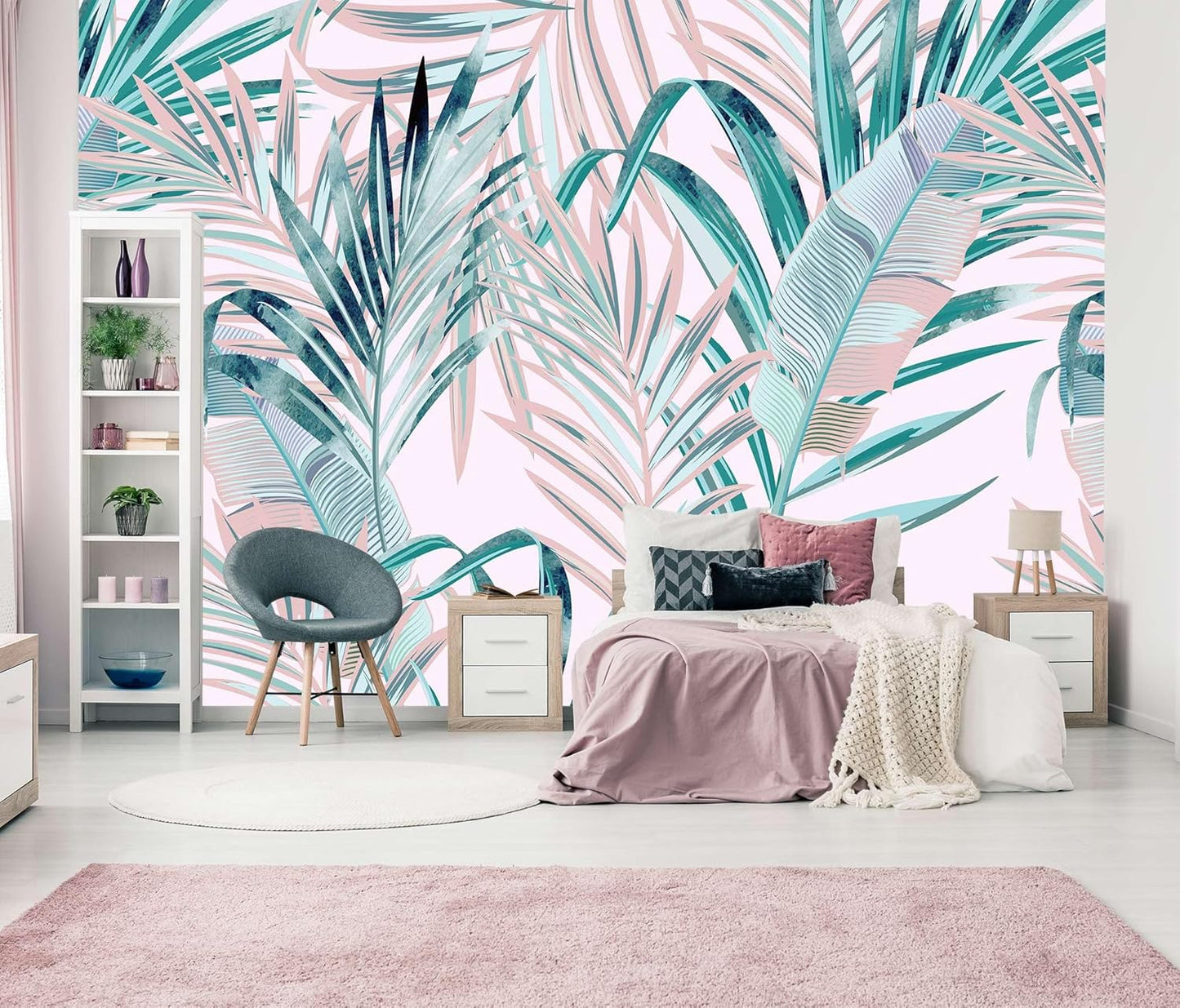 Tropical Pink Palm Leaf Wallpaper Girls Bedroom Colorful Plant Leaves Wall Mural Living Room (Not Peel and Stick)