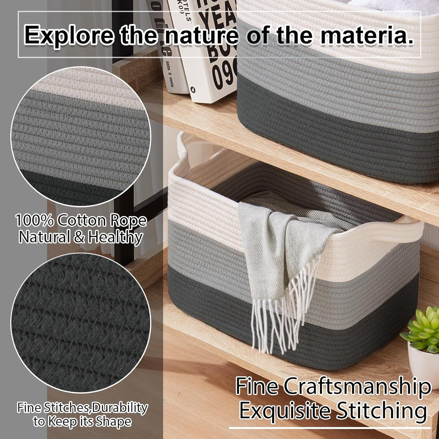 OIAHOMY Storage Basket, Woven Baskets for Storage, Cotton Rope Basket for toys,Towel Baskets for Bathroom - Pack of 3, Gradient Dark Gray