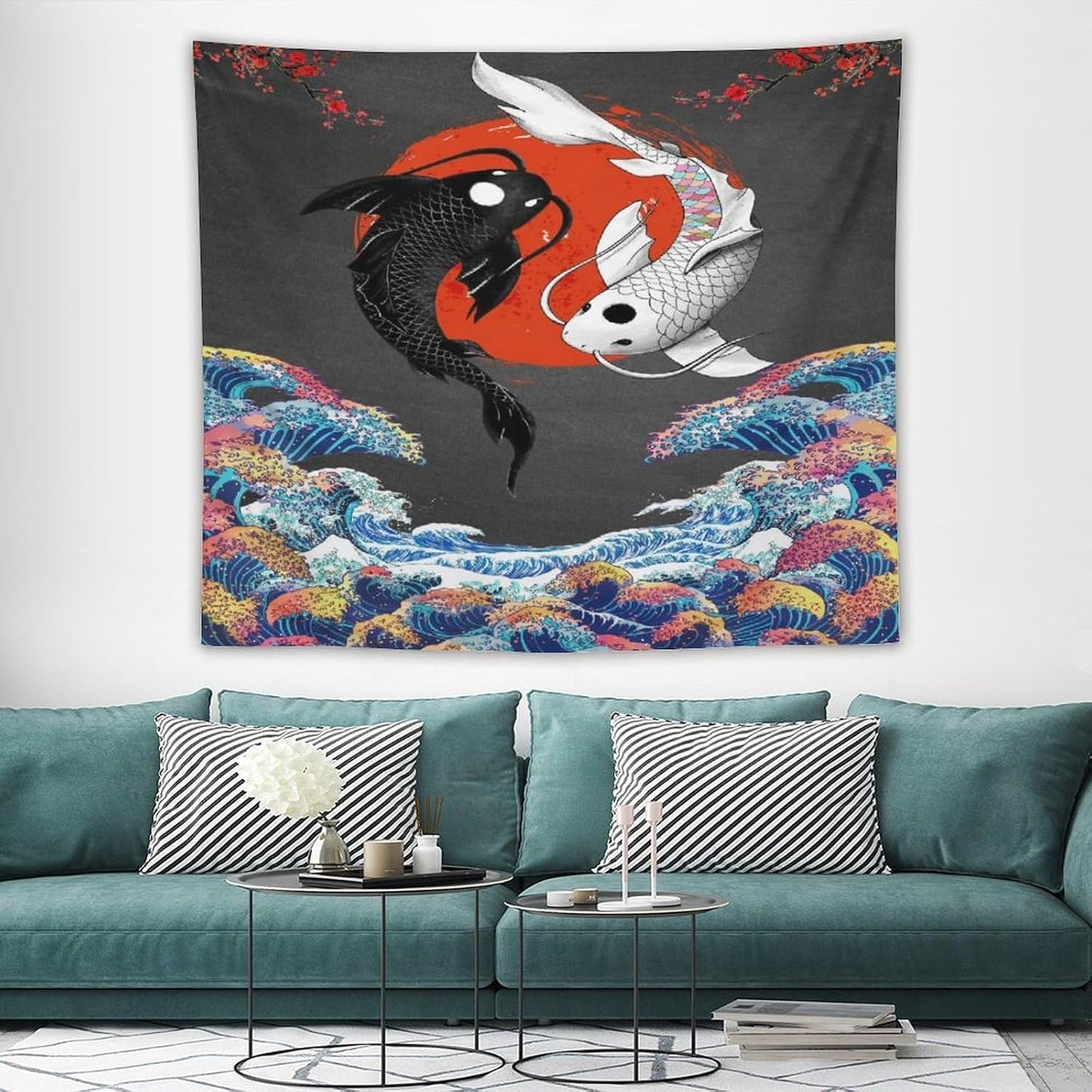 Houselerax Japanese Koi Fish Tapestries, Yin Yang Big Wave Cherry Blossom Tapestry Wall Hanging for Bedroom Living Room Office Decor 60"x50"