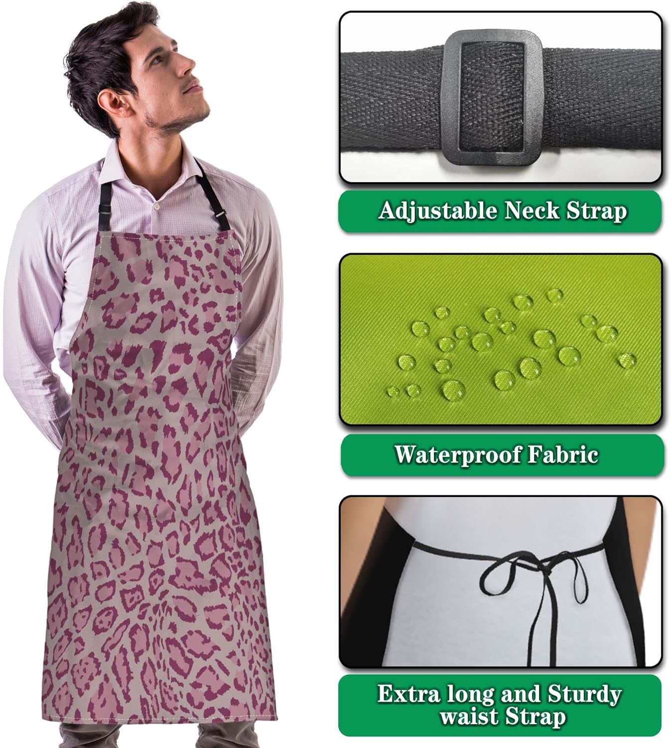 Chef Apron for Men Pink Leopard Funny Aprons for Women for Kitchen Cooking Restaurant BBQ Painting Crafting 27” (W) x 31” (H), Waterproof Aprons