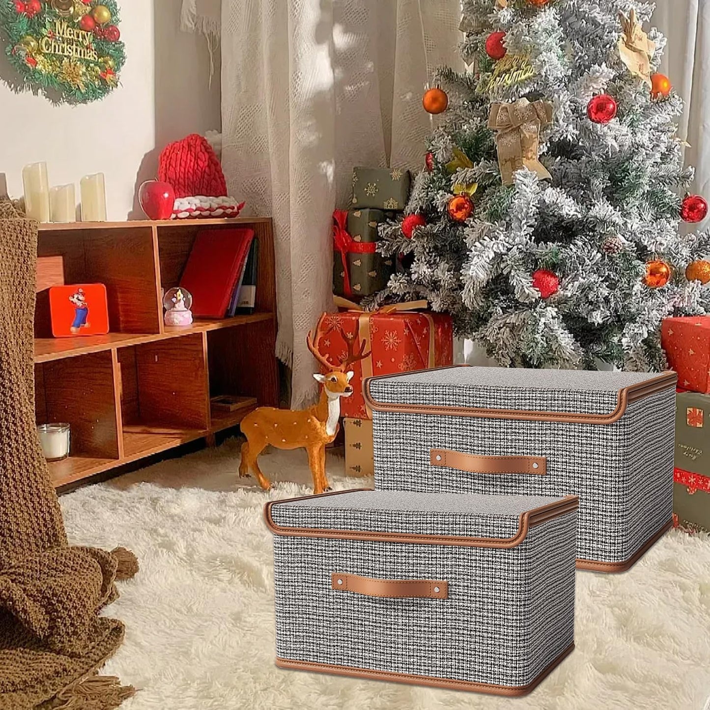 Tuza 2 Pack Storage Bins with Lids, Collapsible Closet Organizer Container, Fabric Organizer Box with Handles, Decorative Storage Boxes with Lids for Organizing Clothes, Books, Light Grey, Large