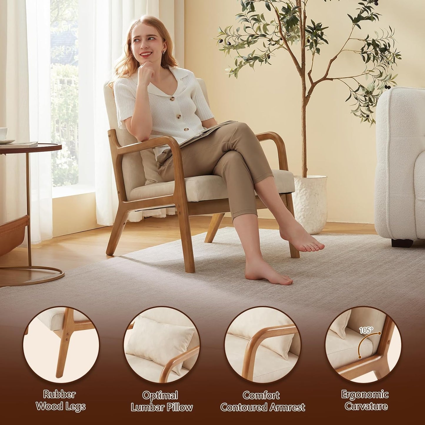 Accent Chair Mid Century Modern Armchair with Lumbar Support Pillow Wood Legs PU Leather Upholstered Lounge Chairs Comfy High Back Cushion for Living Room Bedroom