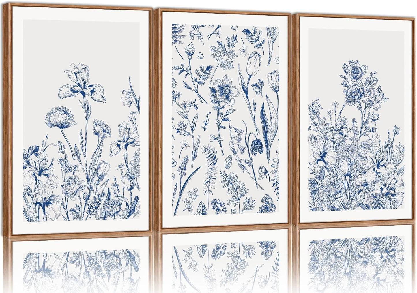 SIGNINART Classic Chinoiserie Botanical Framed Canvas Wall Art, Blue and White Floral Wall Decor, Minimalist Flower Artwork, Navy Blue Wildflower Art Painting for Bedroom Living Room Office 24"x36"x3