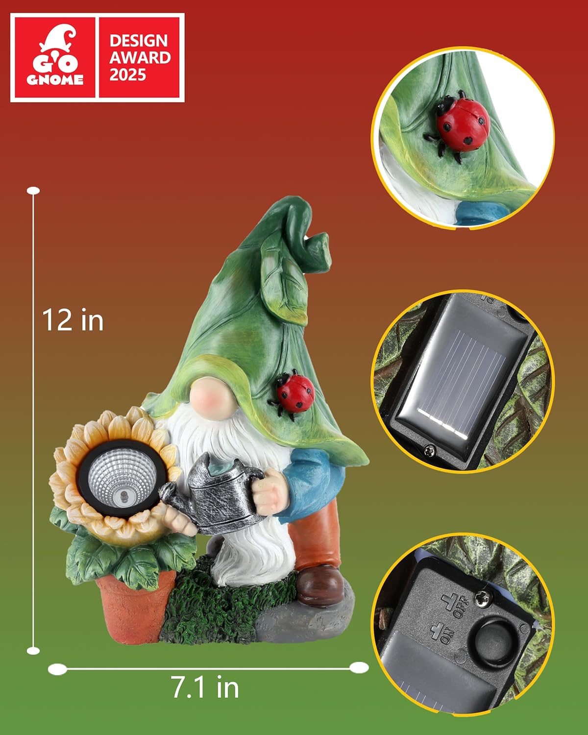 Solar-Powered Large Garden Gnome Watering Can Sunflower - 12 in Garden Decor Gnomes Decorations for Yard Lawn Ornaments Outside Statue Figurine LED Lights (Gnome)