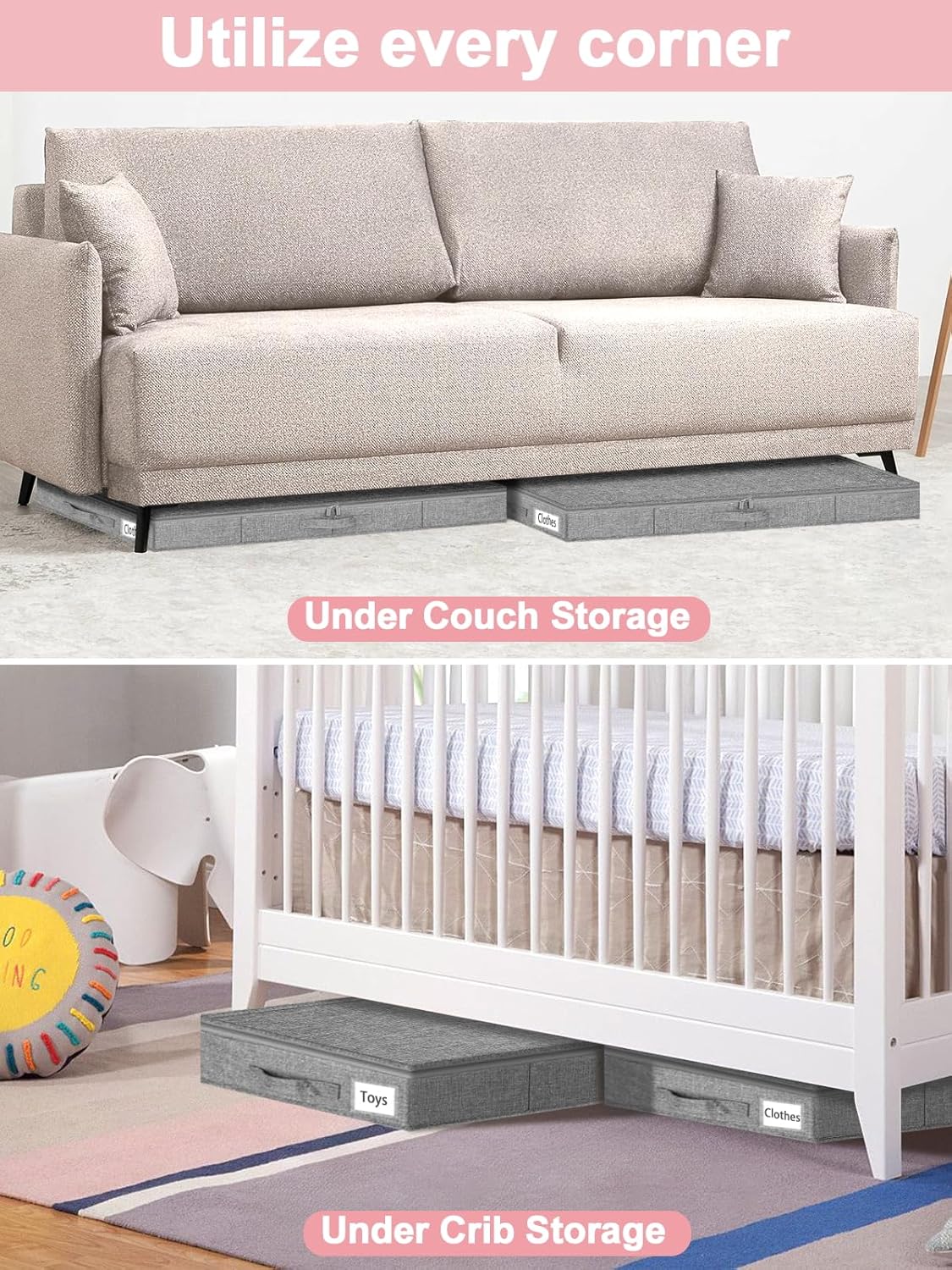 Low Profile Under Bed Storage Containers, 4" Tall Underbed Storage with Rigid Sidewalls & Bottom, Shallow Clothes Storage Organizer Bin with Lid for Couch Sofa Dorm, 2-Pack, 33.5 x 16 x 4 Inches Grey