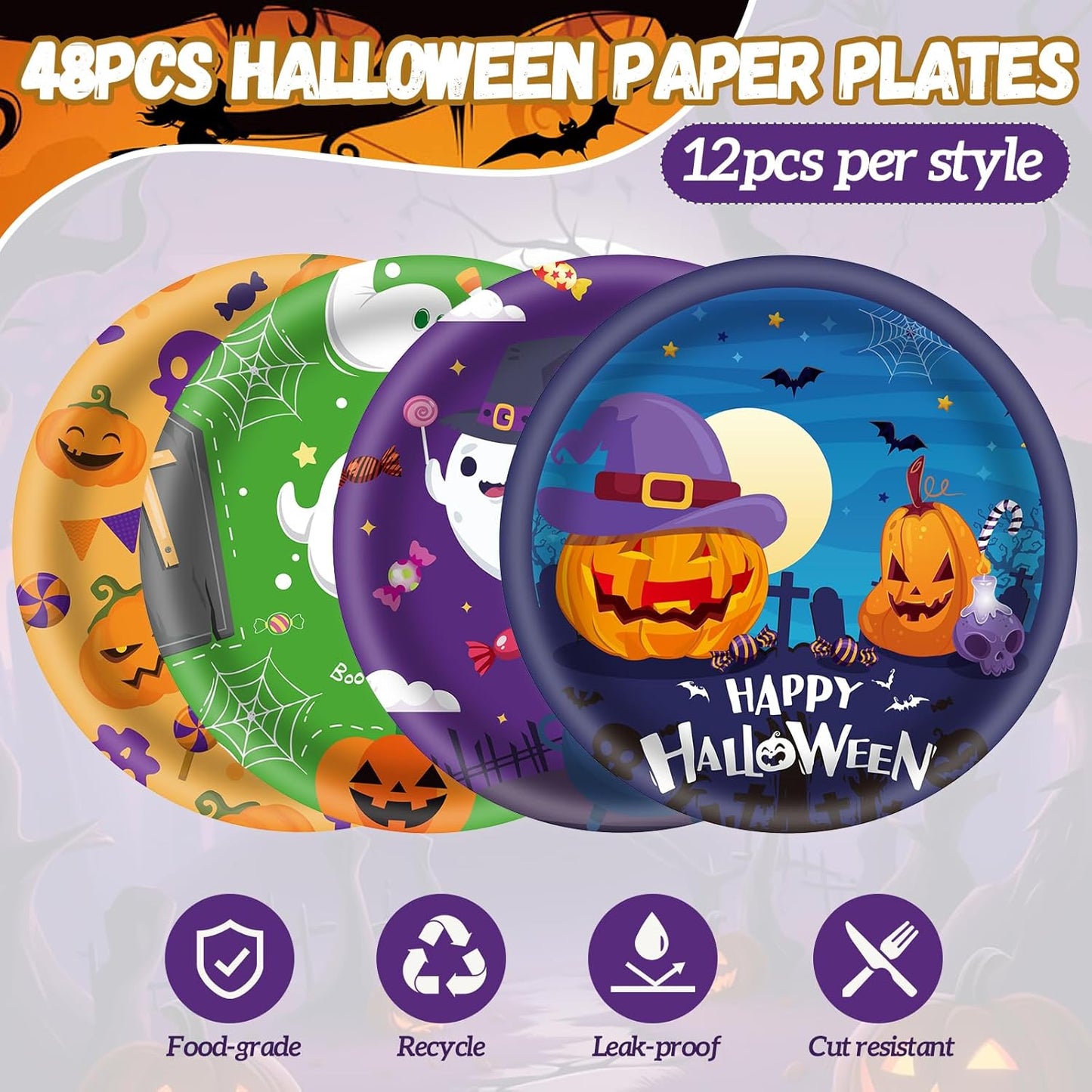 48Pcs Halloween 7inch Paper Plates - Pumpkin Ghost Spooky Dessert Plates for Cake Salad Fruit Disposable Cute Dinner Plates for Halloween Kids Trick or Treat Party Decoration, 4 Styles