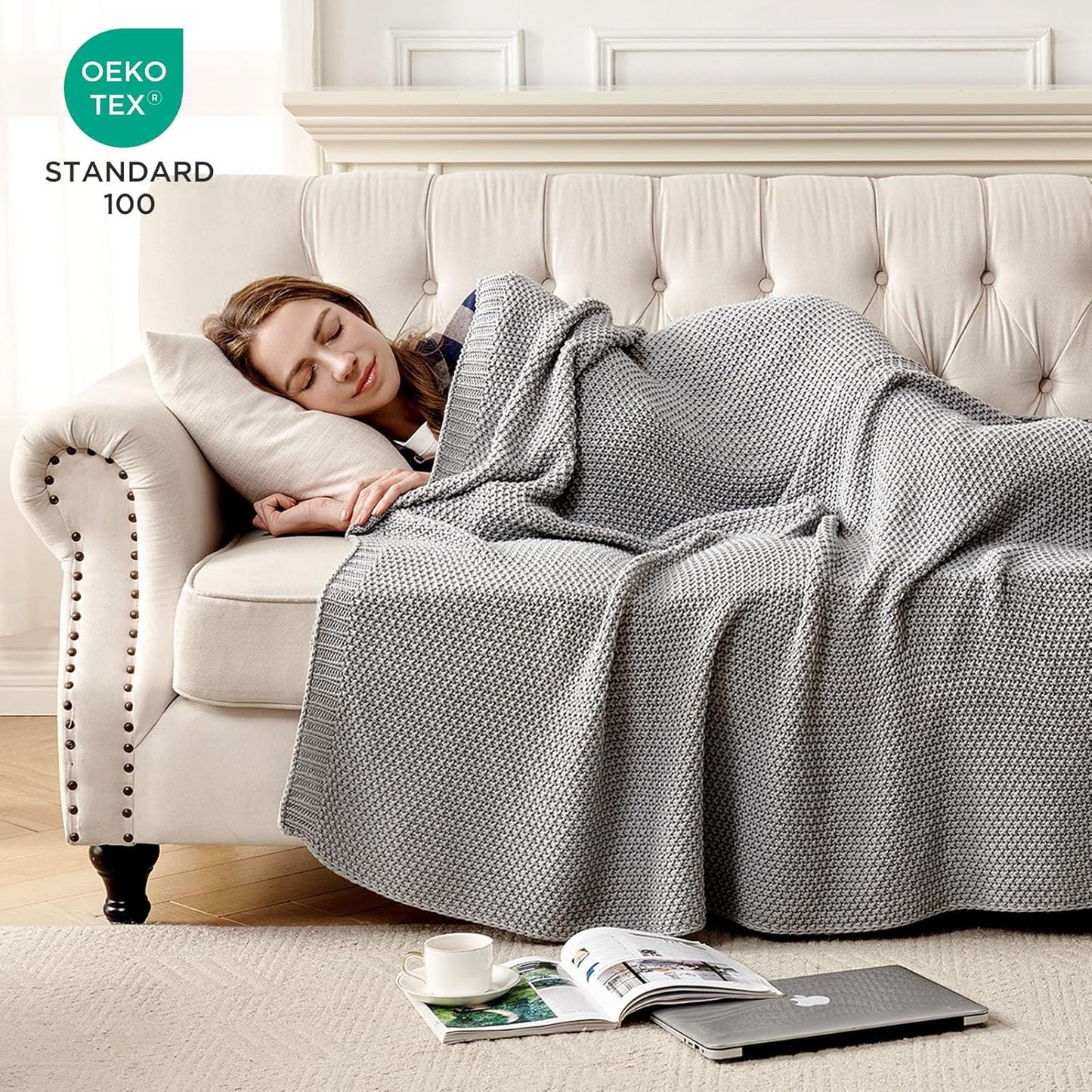 Joydeco Chunky Cable Knit Throw Blanket, Lightweight 100% Cotton Soft Cozy Throw Twin Blanket for Couch Bed and Sofa, Rustic Breathable Farmhouse Blanket Gift for Women Men(Grey, 60"x80")