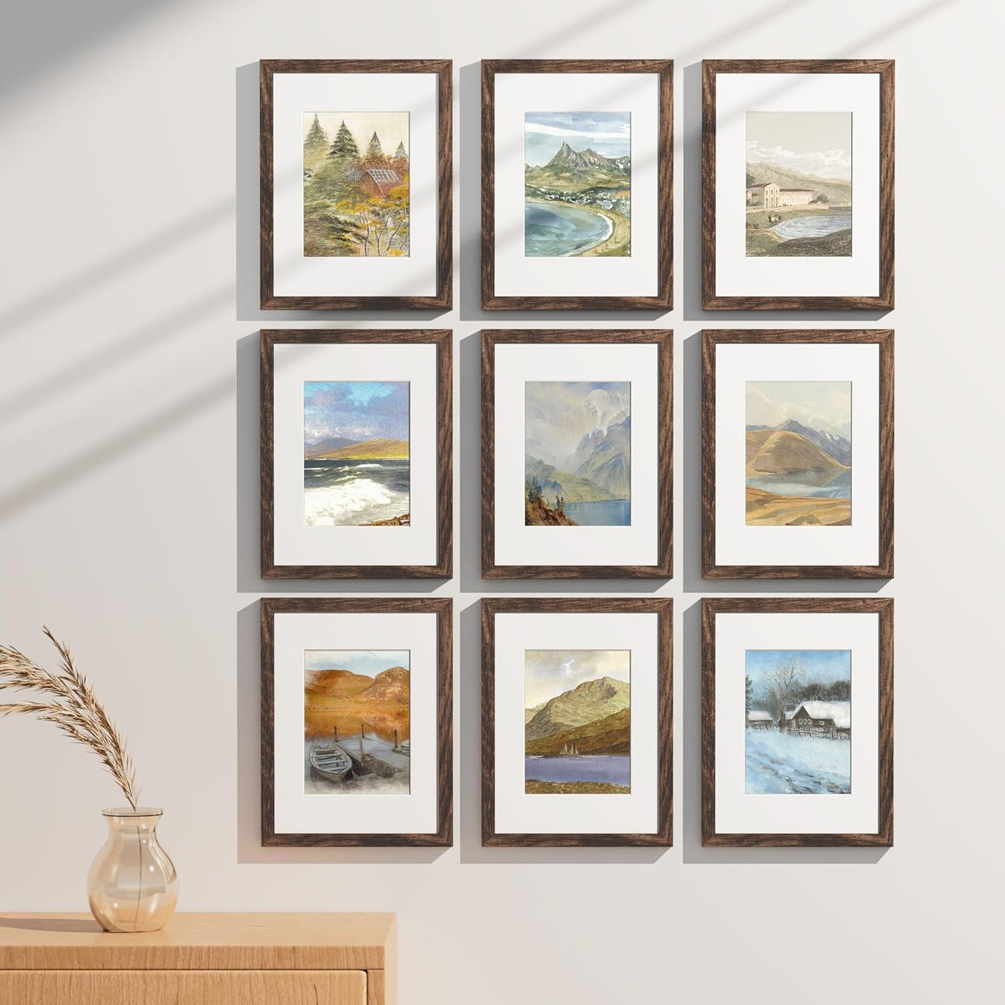 Vittanly 9x12 Picture Frames Set of 9, Shatter Resistant Plexiglass, Display 6x8 Pictures with Mat or 9x12 without Mat, Photo Frames for Wall or Tabletop, Engineered Wood, Brown