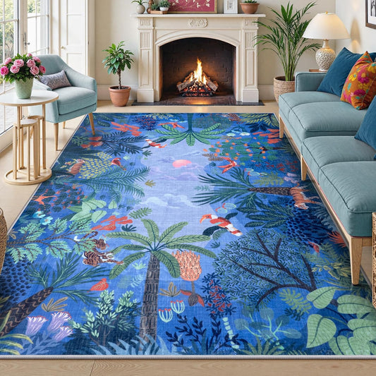 LIVEBOX Washable Bedroom Rug 8x10 Under Bed, Modern Stain Resistant Botanical Rug for Living Room Playroom Kids Boy Room, Non-Slip Jungle Forest Print Rugs for Nursery Baby