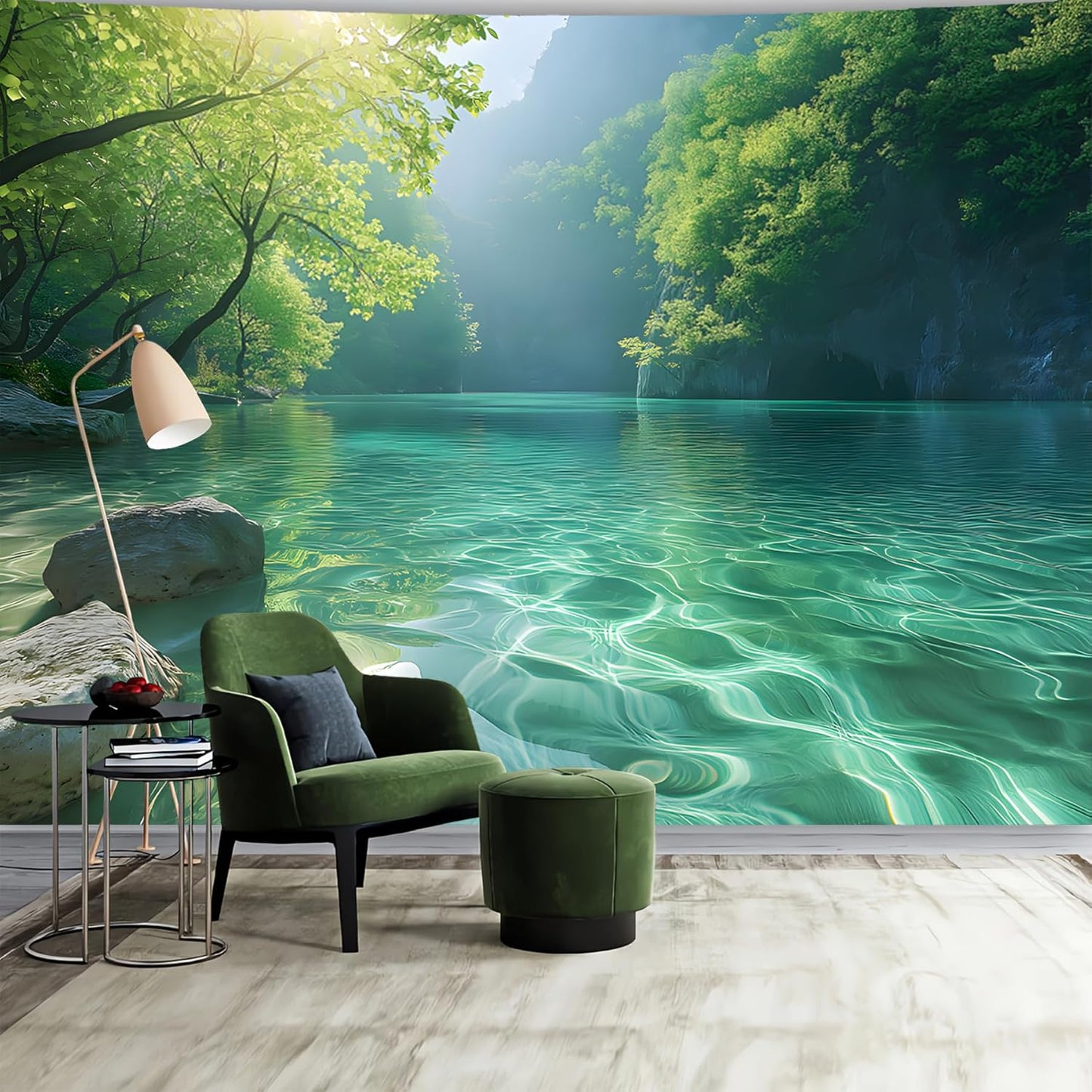 BSFHH Nature Tapestry Forest Tree Sea Cave Wall Hanging, Stream Through Rainforest Landscape Wall Art Tapestry for Bedroom Living room (Lake View, 59" × 51", Unframed)