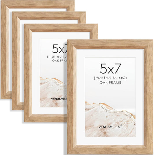 5x7 Picture Frame Set of 4 Natural Solid Oak Photo Frames with 4x6 Removable Mat Wall Hanging Large Handcrafted Frame with HD Plexiglass Wall and Tabletop Display Large Poster Frame