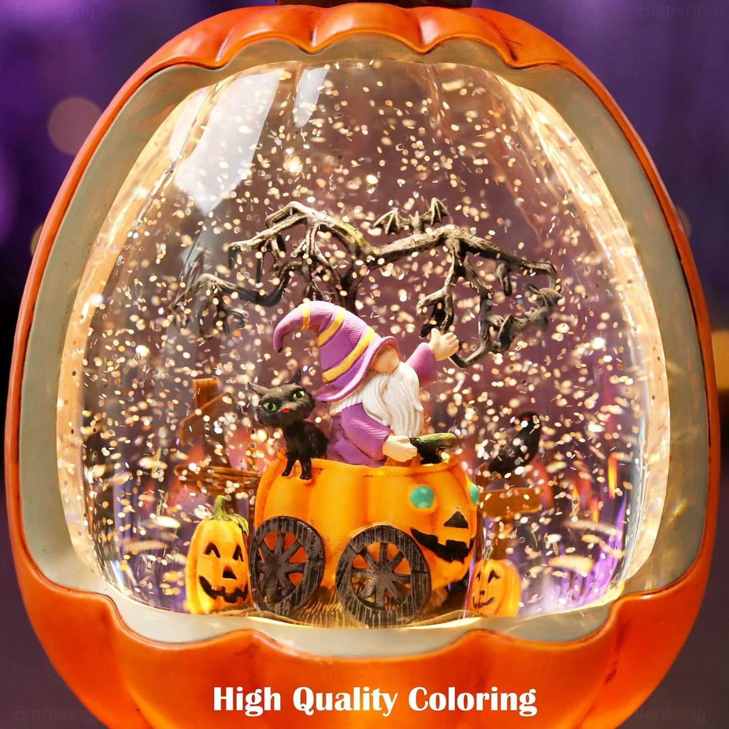 Halloween Snow Globe Pumpkin Halloween Decorations Indoor Gnome Black Cat Bat Swirling Glitter Timer