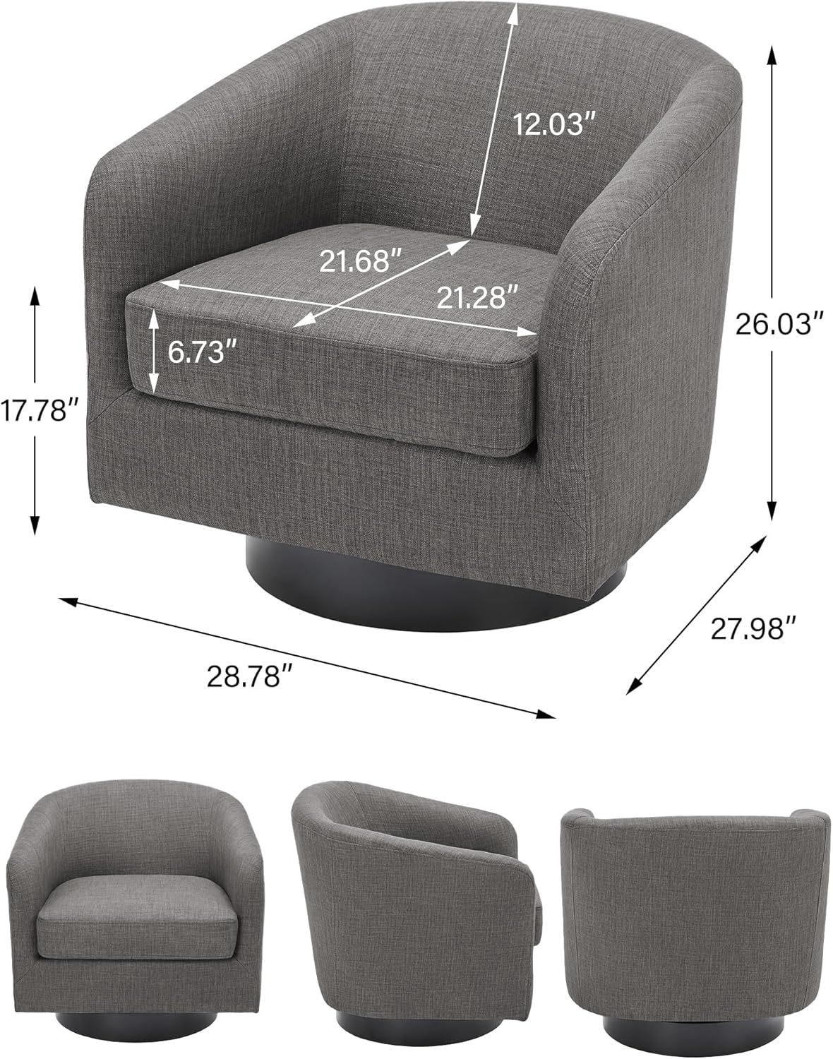 Swivel Barrel Accent Chair, Modern Round Linen Arm Chair for Living Room, Bedroom, Comfy Club Reading Chairs for Adults（Linen Fabric, Grey, Set of 1