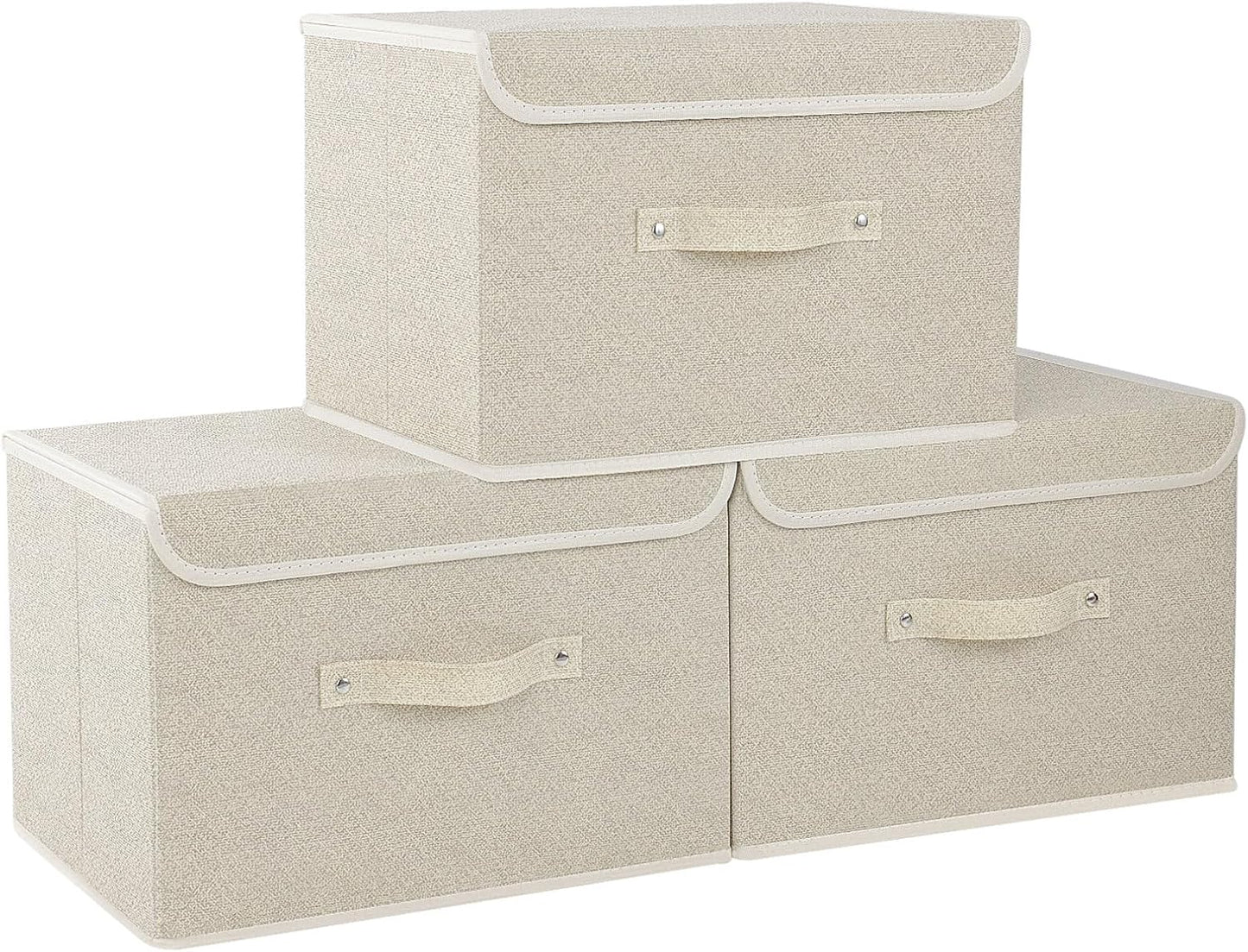 Fabric Storage Bins Cube Organizers with Flip-Top Lid and Handles,Storage Boxes for Organizing Home,Office,and Closet,Grey and Beige,3 Pack 15 x 9.8 x 9.8 in