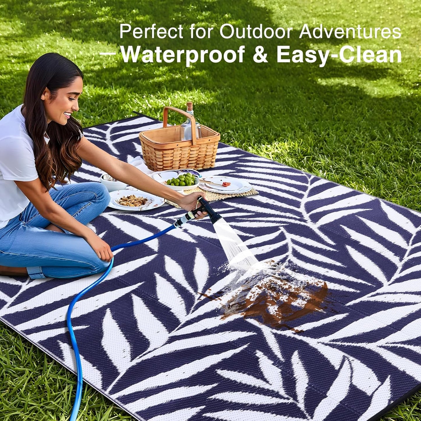 OLANLY Waterproof Outdoor Rug 9x12 ft, Reversible Outdoor Plastic Straw Rug with Leaf Pattern, RV Mat, Indoor Outdoor Carpet for Patio, Camping, Balcony, Deck, Backyard, Navy & White