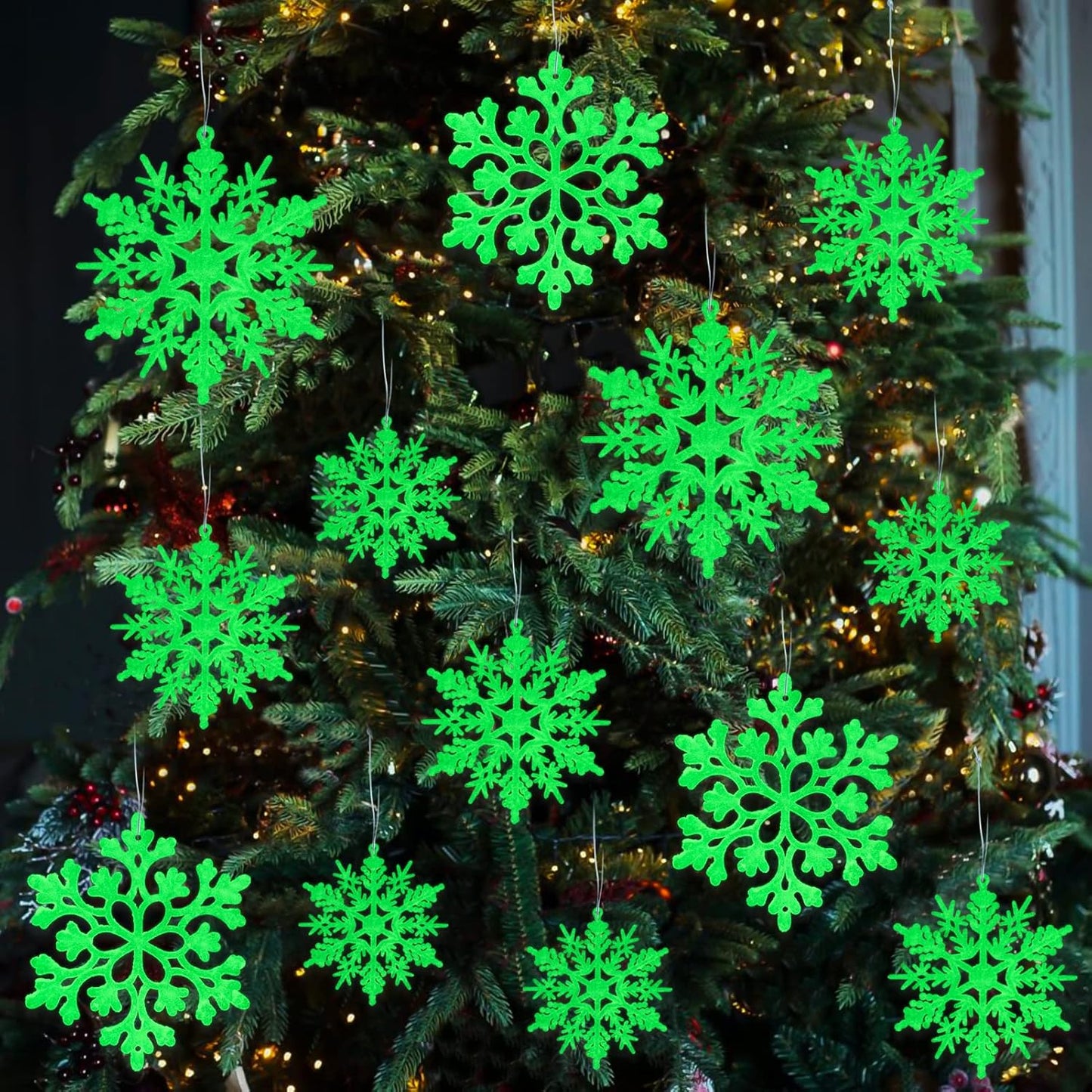 Christmas Snowflake Ornament Glow in The Dark Decorations- 36Pcs Luminous Plastic Snowflake Ornaments for Christmas Tree Decorations Winter Wonderland Bedroom Home Frozen Party Supplies