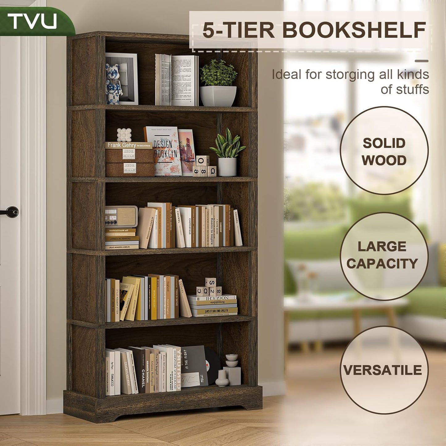TVU 5-Shelf Wood Bookcase, 65 Inch Tall Bookshelf with Storage, Floor Standing Display Book Shelf, for Living Room Bedroom Study Office, Rustic Brown