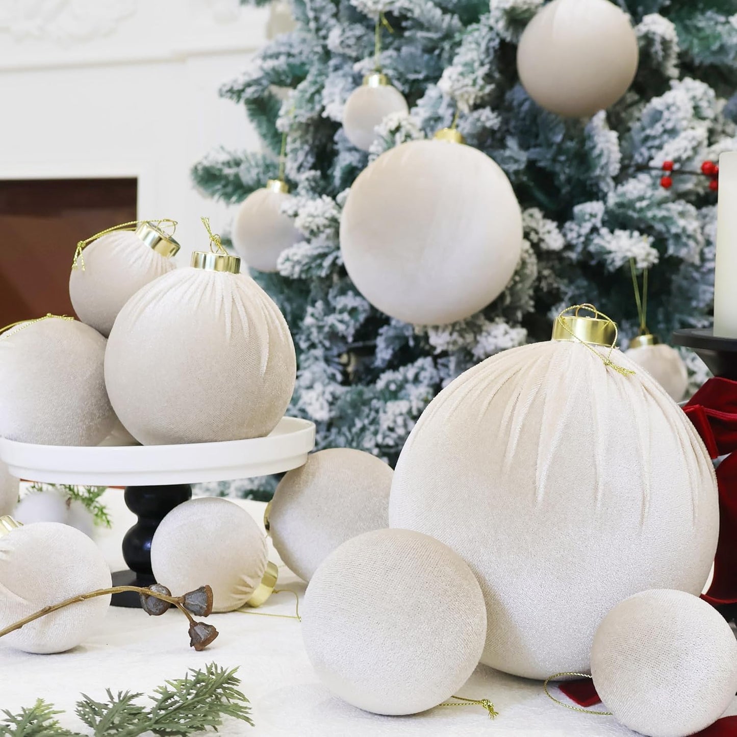 3.15inch Velvet Ornaments for Christmas Tree, 15pcs Flocked Christmas Ornaments Decorations Balls Set Decor Beige