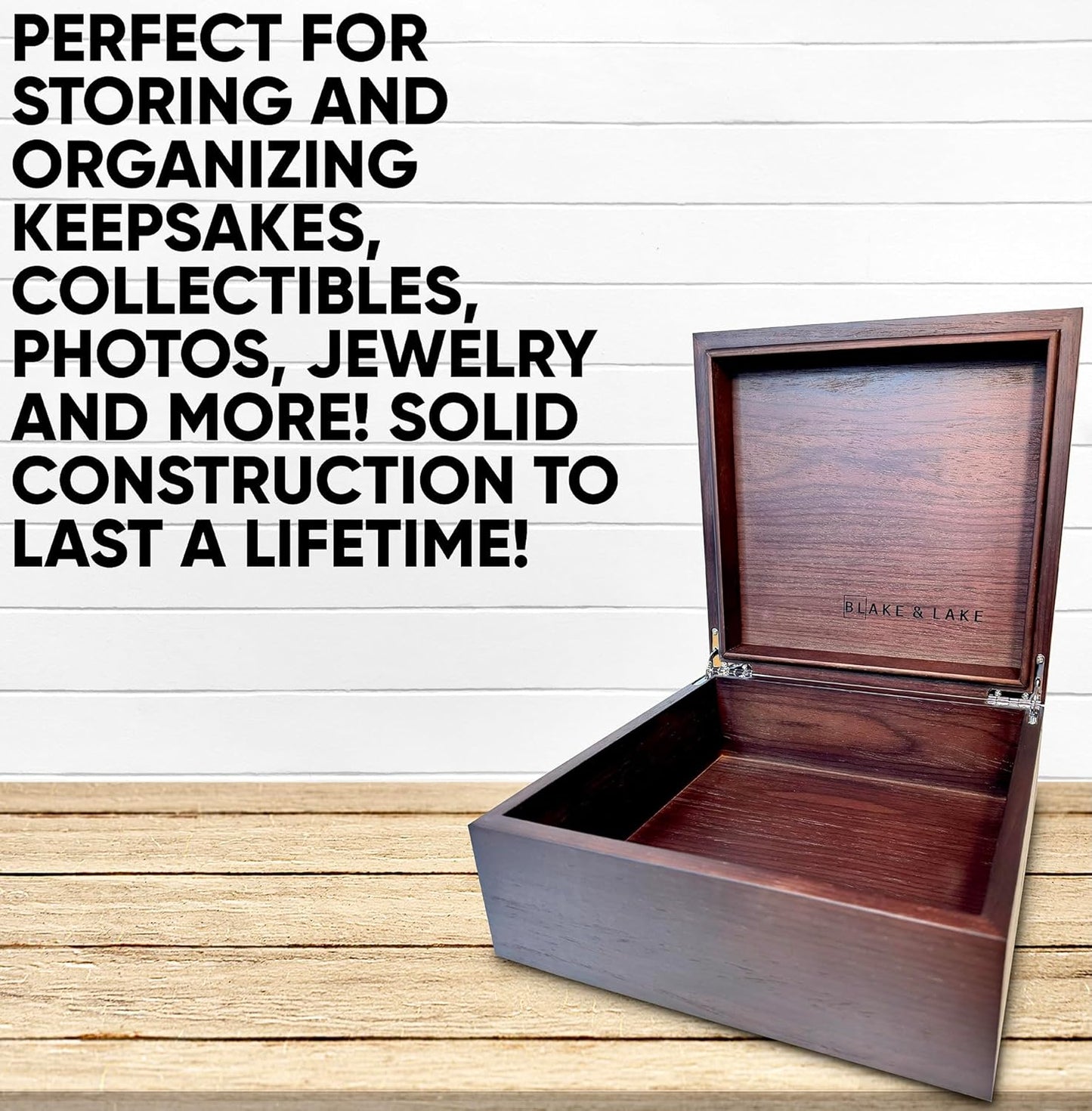 Blake & Lake Wooden Box with Hinged Lid - Solid Walnut Wood Eco Box - Wood Storage Box with Lid - Wooden Keepsake Box - Decorative wooden boxes with lids (Walnut)