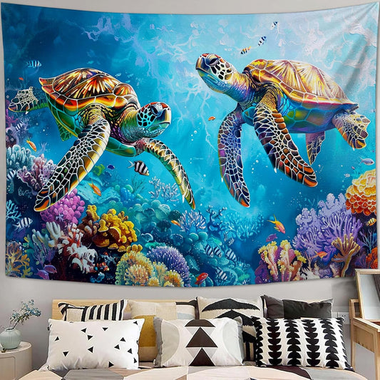 Sea Turtle Tapestry Ocean Tapestries Fabric Wall Hanging Aesthetic Space Coastal Indoor Outdoor Wall Art Tablecloth Bedspread Decoration for Bedroom Dormitory Living Room Home Decor 40"x60"