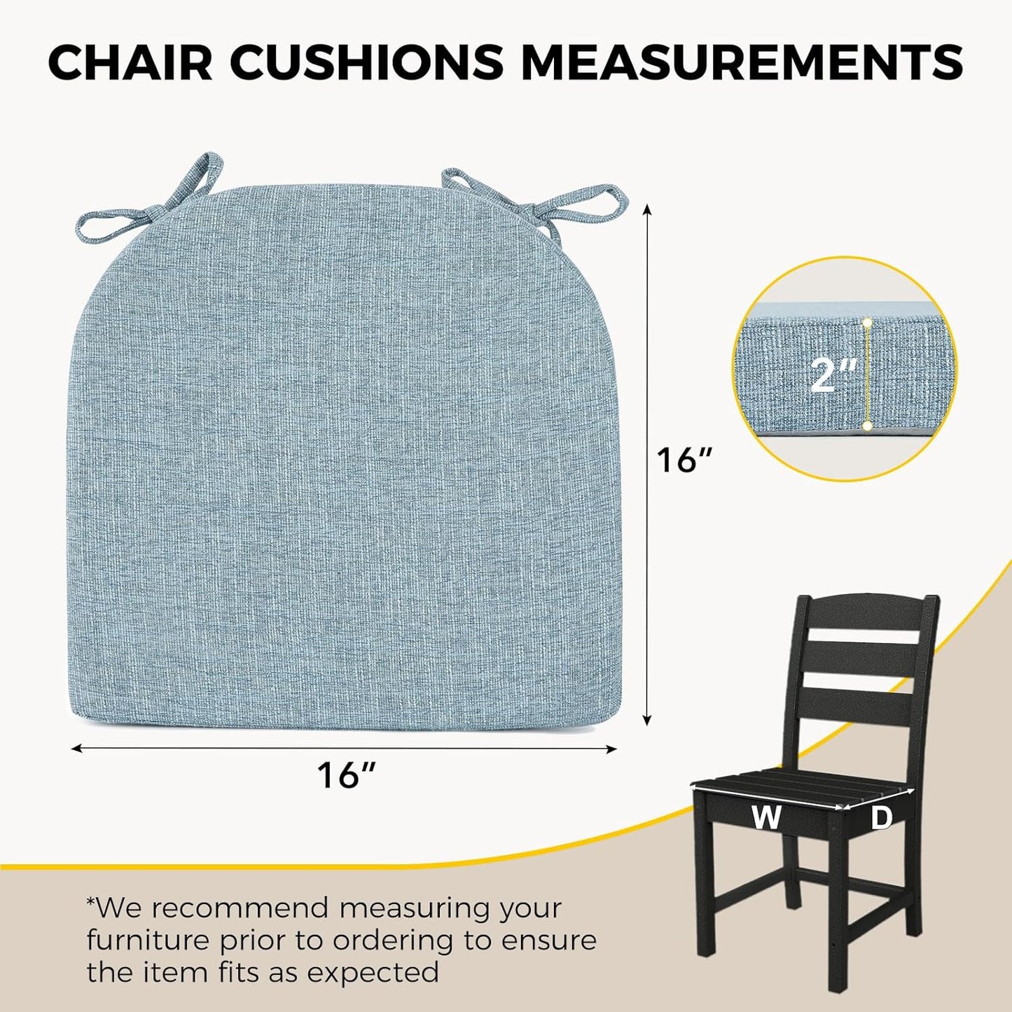 downluxe Indoor Chair Cushions for Dining Chairs, Soft and Comfortable Textured Foam Kitchen Chair Pads with Ties and Non-Slip Backing, 16" x 16" x 2", Light Blue, 4 Pack