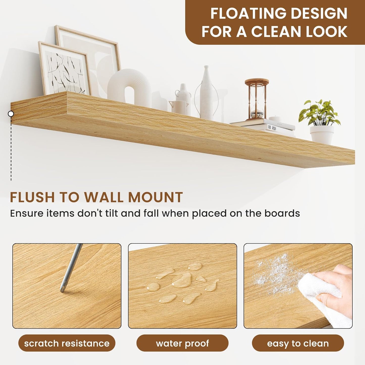 fuqing Floating Shelves for Wall, Bathroom Shelf Wall Mounted for Storage, Shelves with Invisible Bracket for Bedroom, Kitchen, Living Room, Farmhouse Small Book Shelf, 55 Inch Set of 2, Oak