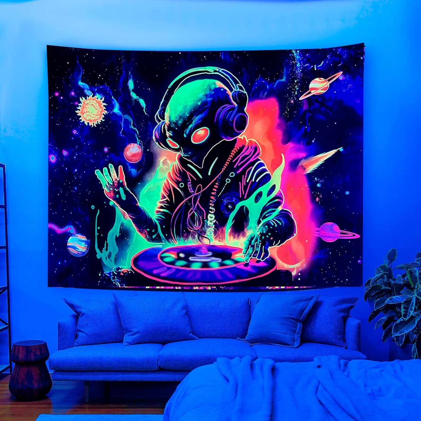 OSVINO Blacklight Alien Tapestry 90"x70" UV Reactive Alien DJing Wall Hanging Art Bedroom Decor Moon and Sun Planets Posters Wall Hanging Hippie Decor