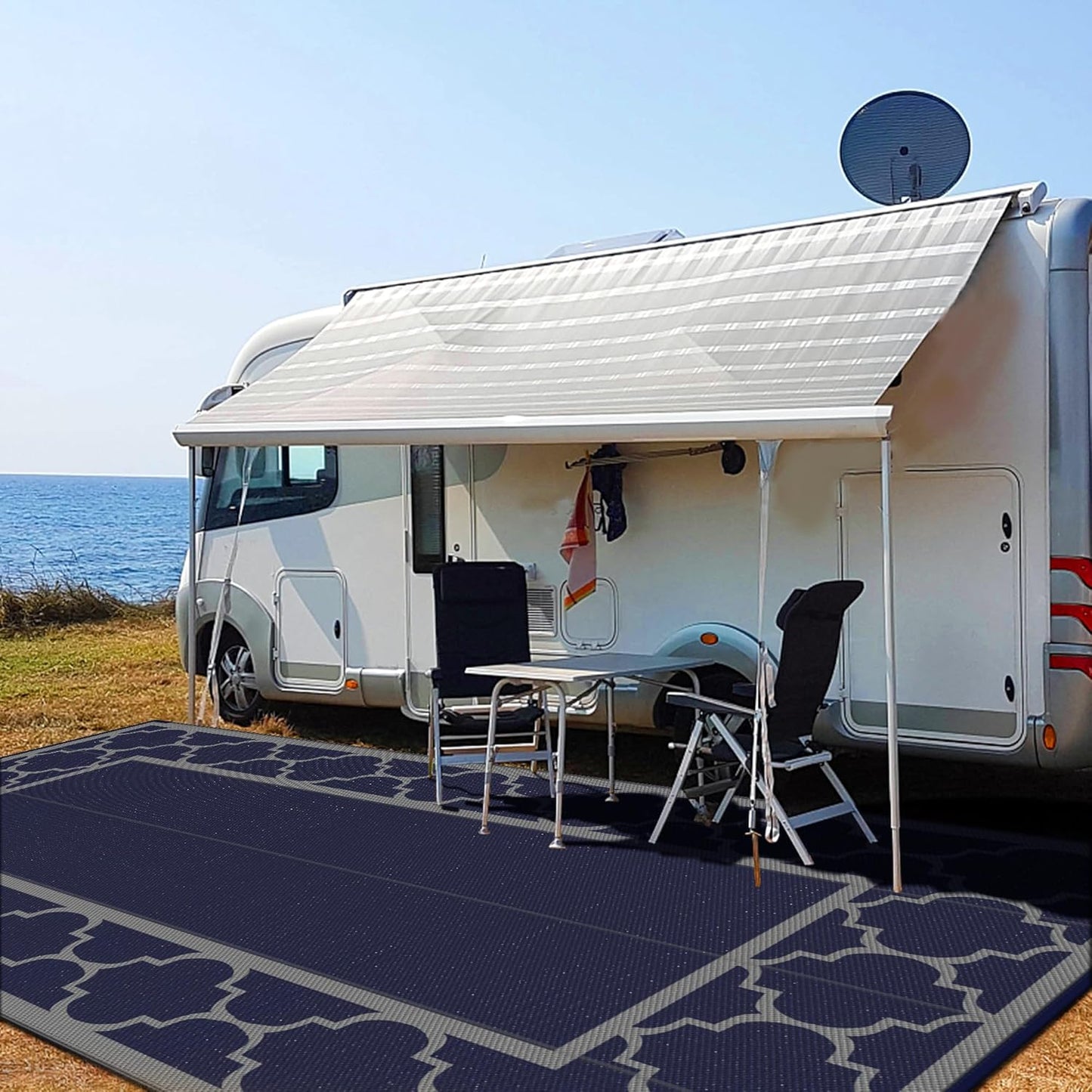 GENIMO 9 ' x 18 ' Outdoor Rug Waterproof for Patio Decor, Foldable Reversible Plastic Straw Area Rugs Mat for Camper, Outside Carpet for Rv, Deck, Porch, Picnic, Beach, Balcony, Blue & Grey