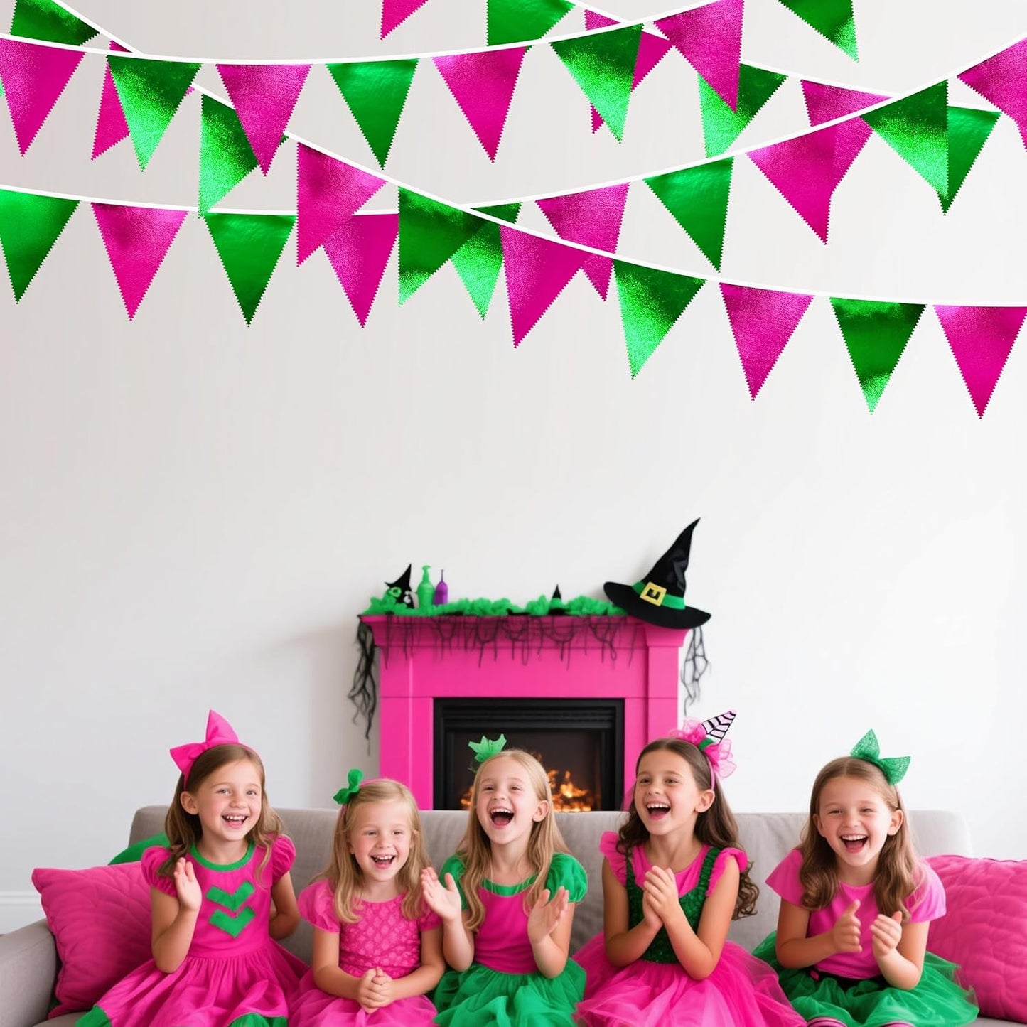 Pink and Green Party Decorations Metallic Hot Pink Light Green Fabric Triangle Pennant Banner Flag Bunting Garland for Witches Theme Birthday Wedding Baby Shower Engagement Bachelorette Party Supplies