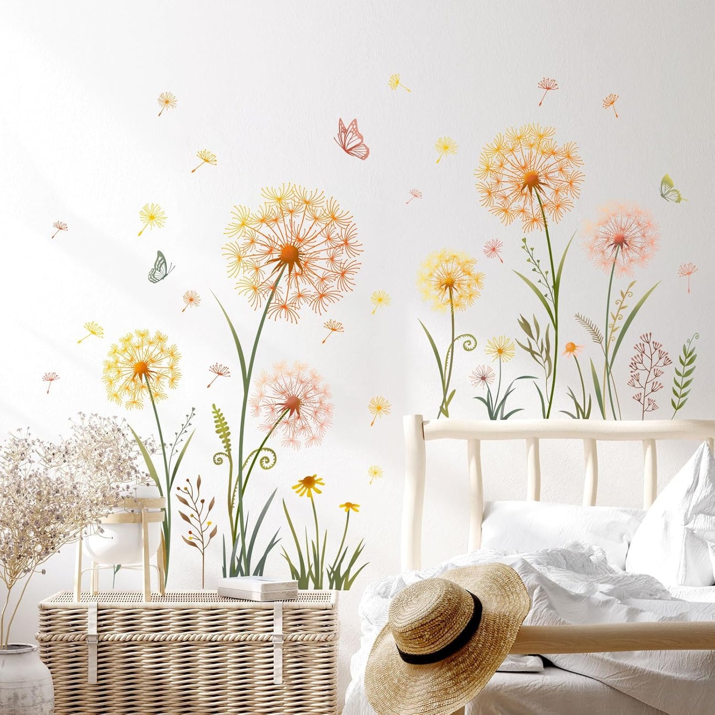 Dandelion Flower Butterfly Wall Decals Gold Dandelion Plants Floral Wall Stickers Peel and Stick Vinyl Wall Art Decor for Living Room Bedroom Office TV Sofa Backdrop Home Decor Gifts for Mom