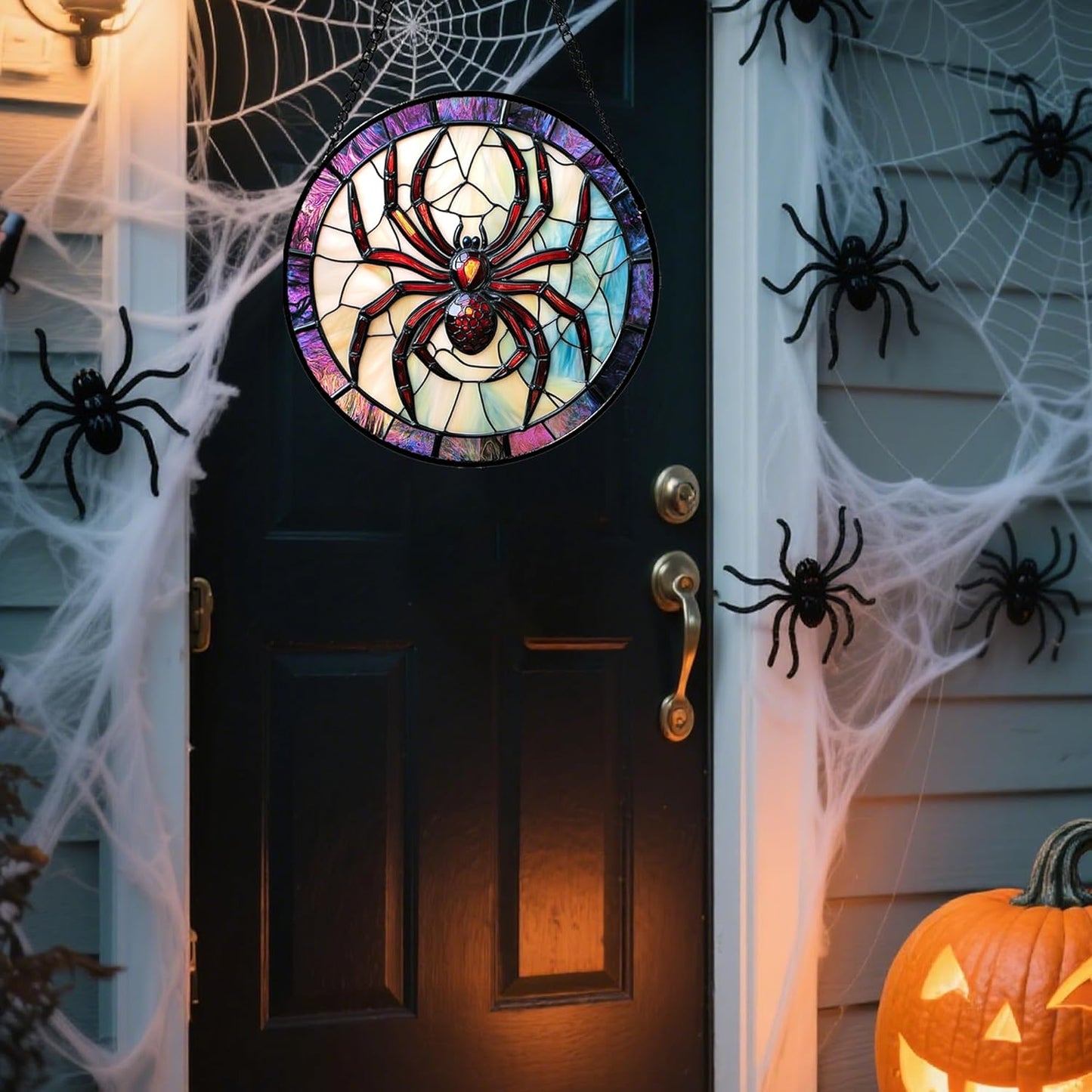Stained Glass Window Hanging - Halloween Decorations Red Spider Goth Suncatcher for Doors Garden Indoor Funny Spooky Sun Catchers Gothic Decor Horror Gifts for Women Men Friend 11.8 in
