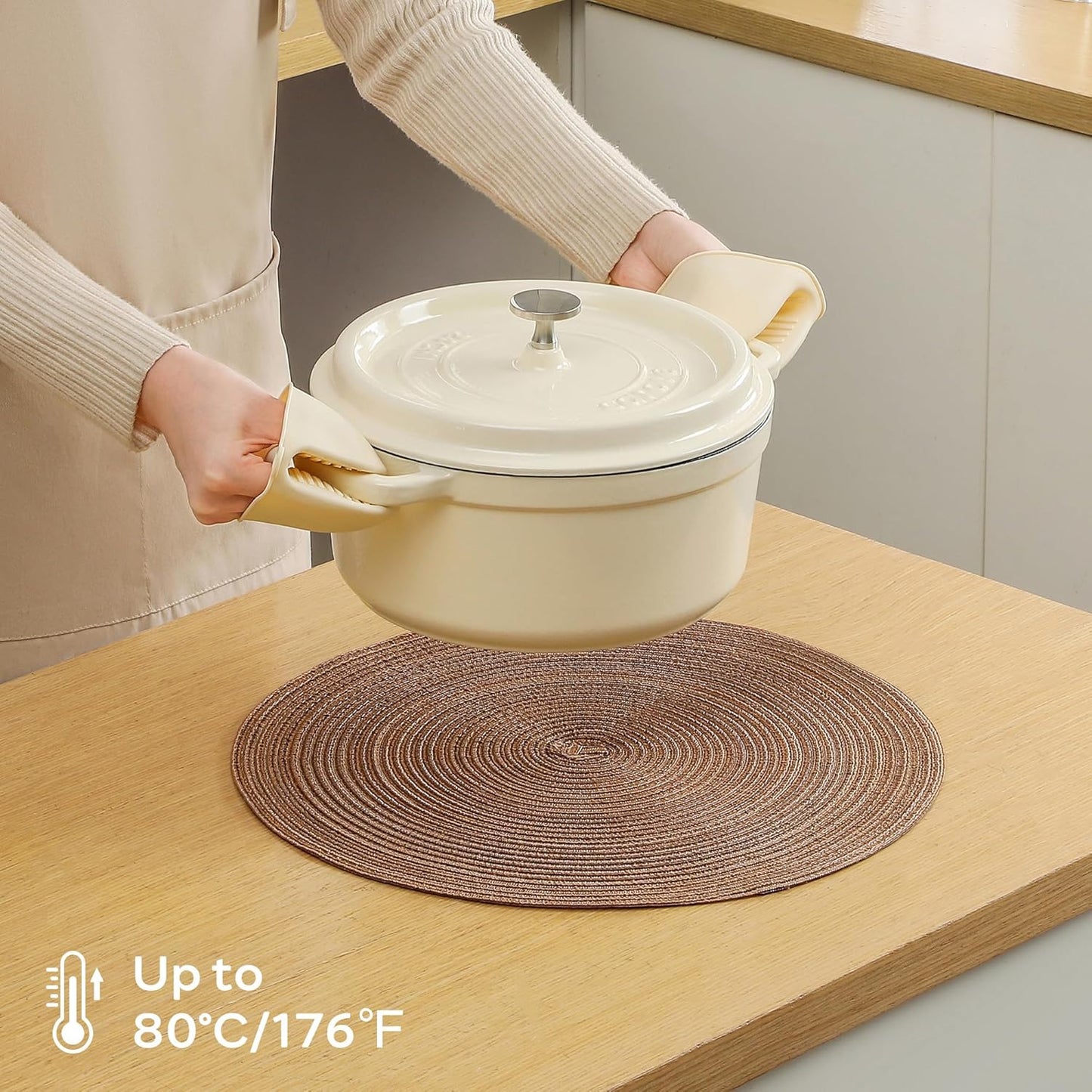 Leetaltree Round Placemats Heat and Slip Resistant Cotton Table Mats, Washable Bohemian Placemats for Dining Tables (Brown, Set of 6)