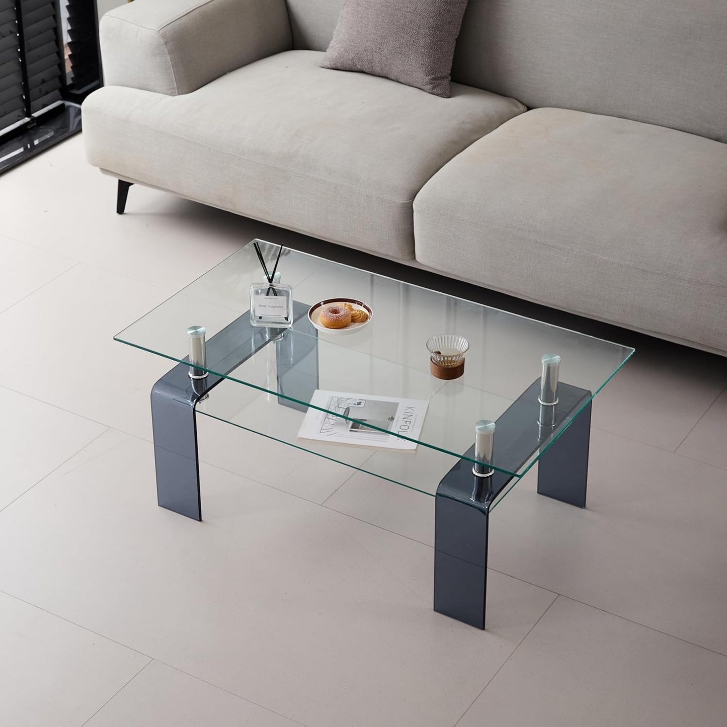 Glass Coffee Table Rectangle Living Room Center Table with Storage, Clear Tempered Glass Tabletop and Smoke Grey Leg,for Living Room and Office (Clear+Smoke)