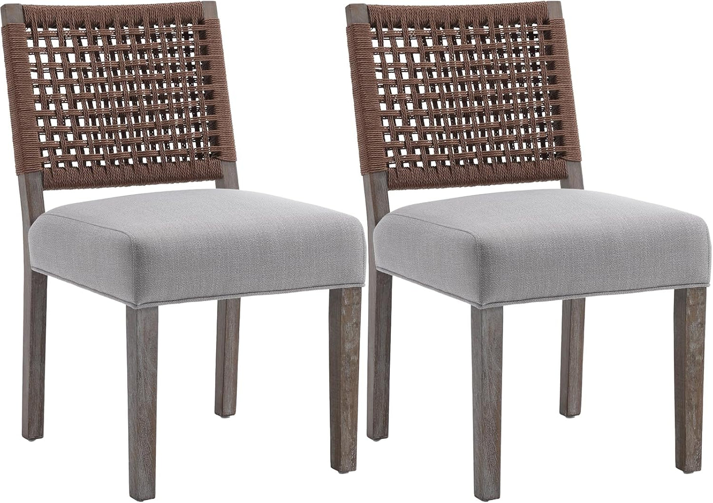 Kmax Farmhouse Dining Chairs Set of 2, Rustic Kitchen Chairs with Linen Fabric Seat and Woven Back, Vintage Accent Chairs for Dining Room, Living Room, Grey
