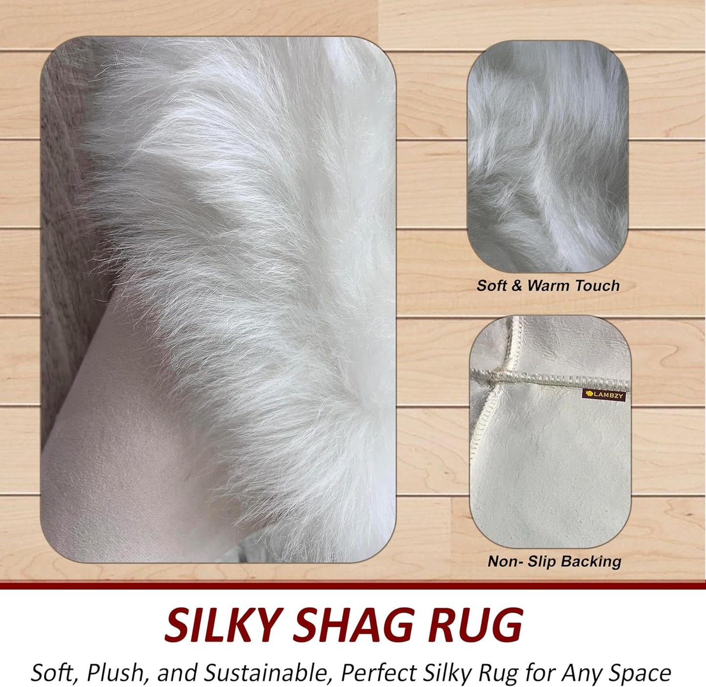 LAMBZY Faux Sheepskin Hypoallergenic Free Shape Silky Shag Rug, Luxury Shaggy Silky Plush Carpet for Bedrooms Rugs Living Room Kids Rooms Sofa Floor Rugs (Single 2'x3',60x90 cm White)