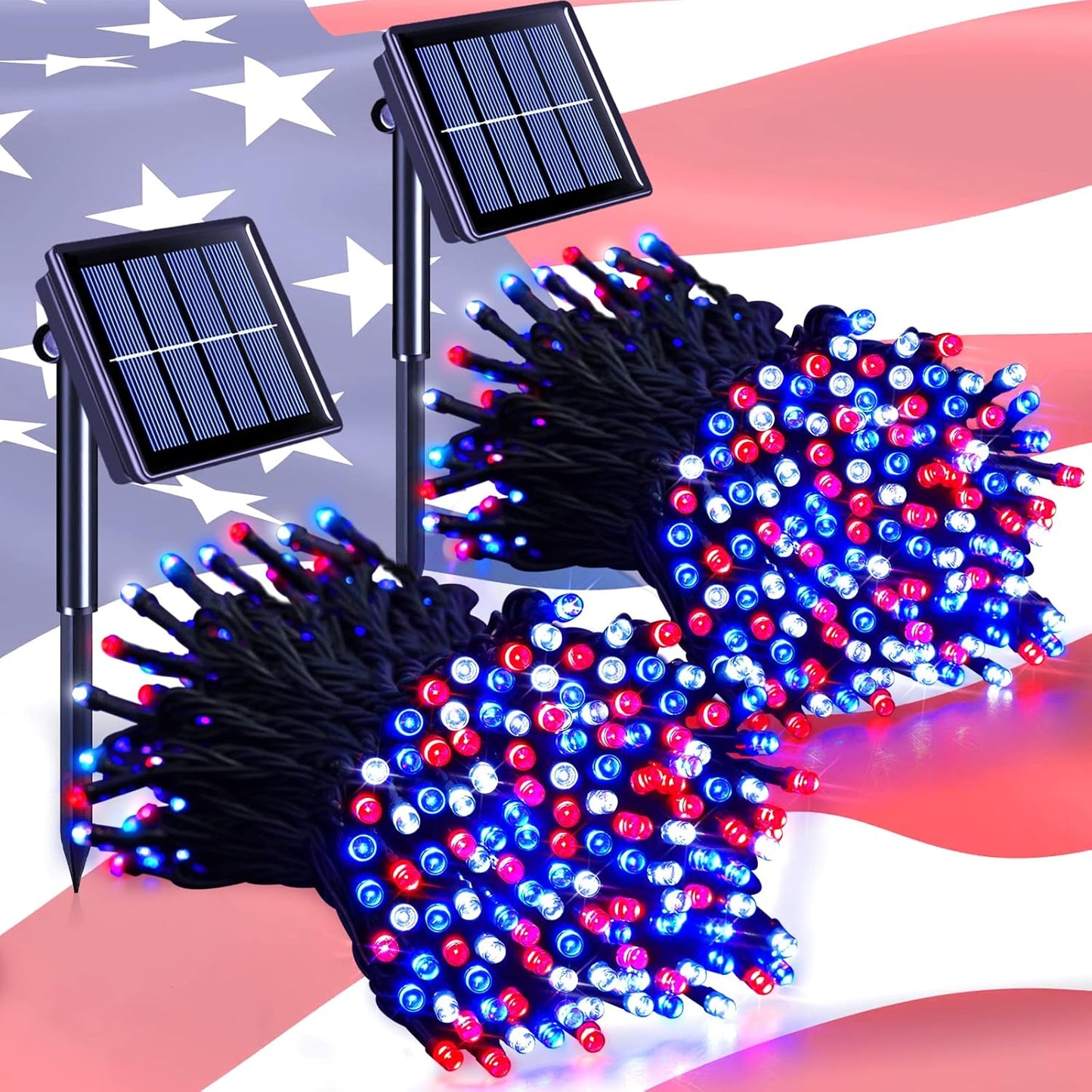 JMEXSUSS 2 Pack Red White and Blue Solar Lights, 200LED 75.5ft Patriot Solar String Lights Outdoor Waterproof, 8 Modes 4th of July Light for Independence Day Patio Garden Tree Decorations