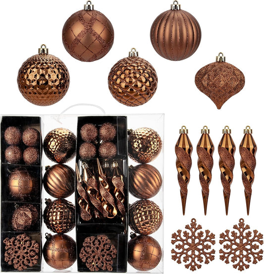 50PCS Christmas Tree Ornaments Set with Shatterproof Christmas Balls Icicle Snowflake Hanging Ornaments for Home Office Farmhouse Christmas Decorations, Bronze