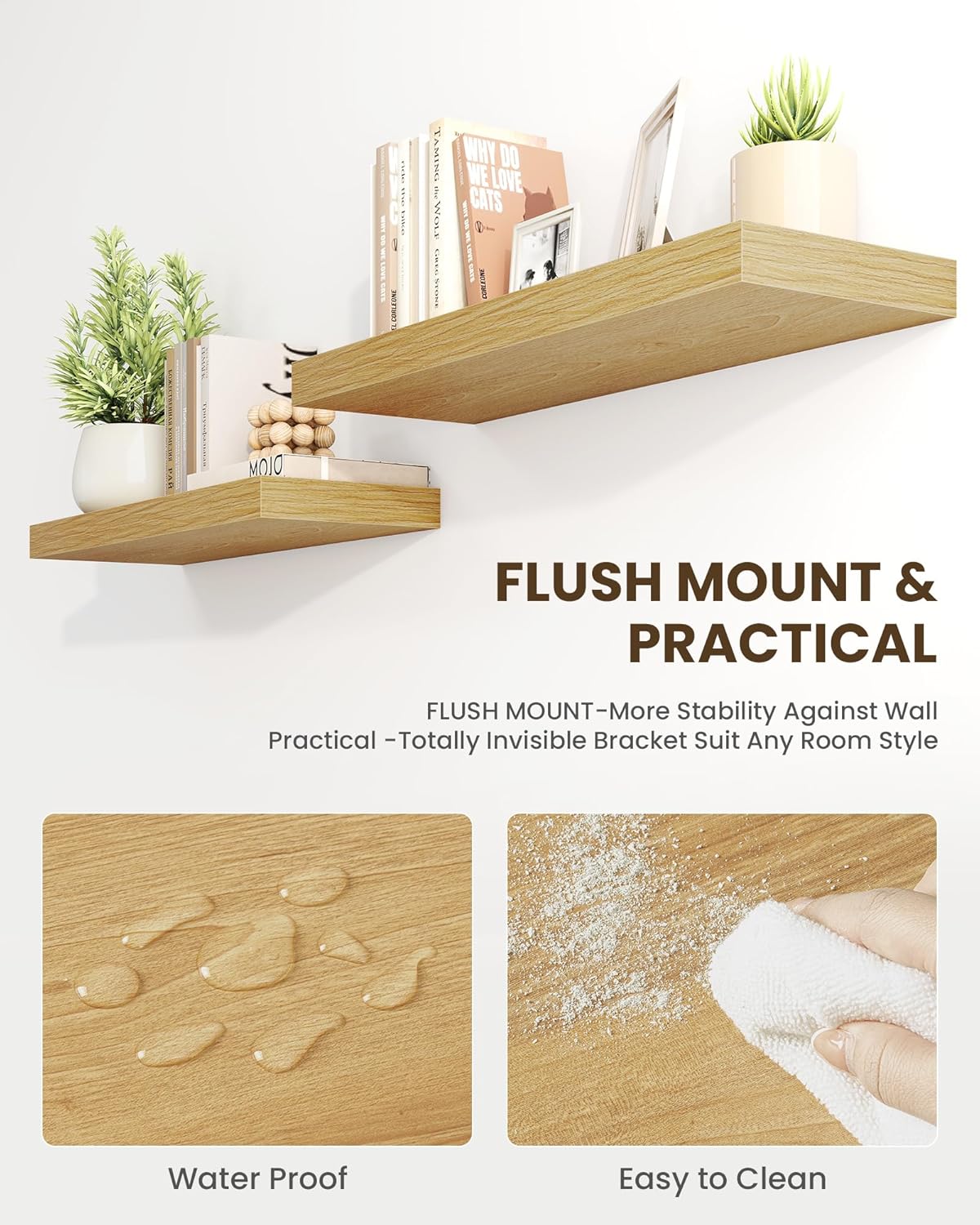 Marsmiles 72" Floating Shelves for Wall, Wooden Shelves with Invisible Brackets Set of 2, Rustic Farmhouse Wall Mounted Shelf for Kitchen Bathroom Living Room Study, Natural Oak