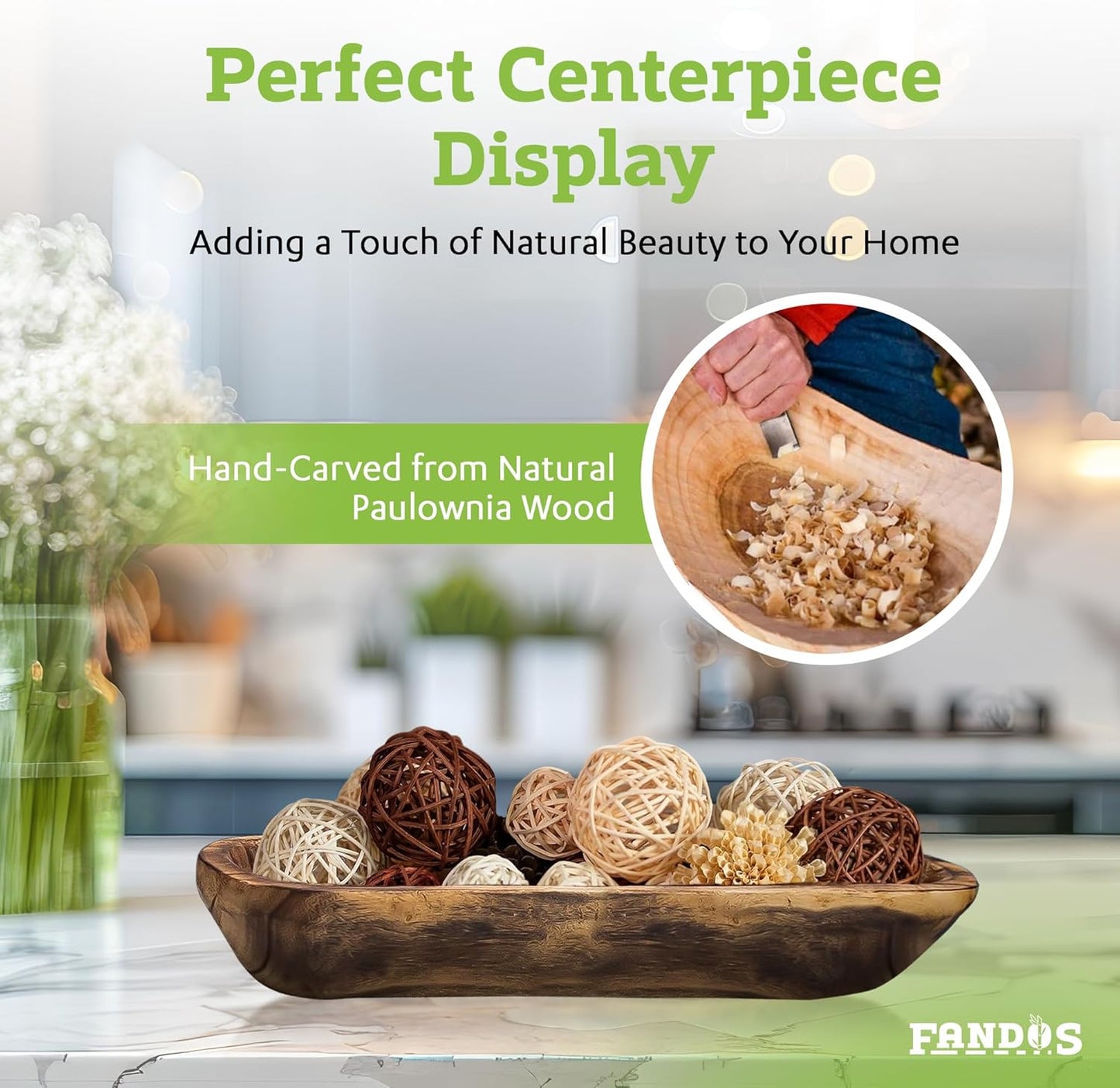 Wooden Dough Bowl for Decor - 17¾ in Long Hand Carved Paulownia, Large Rustic Decorative Bowl for Home Table Centerpiece, Keys, Entryway Table, Catchall Tray & Wooden Dining Room Centerpiece