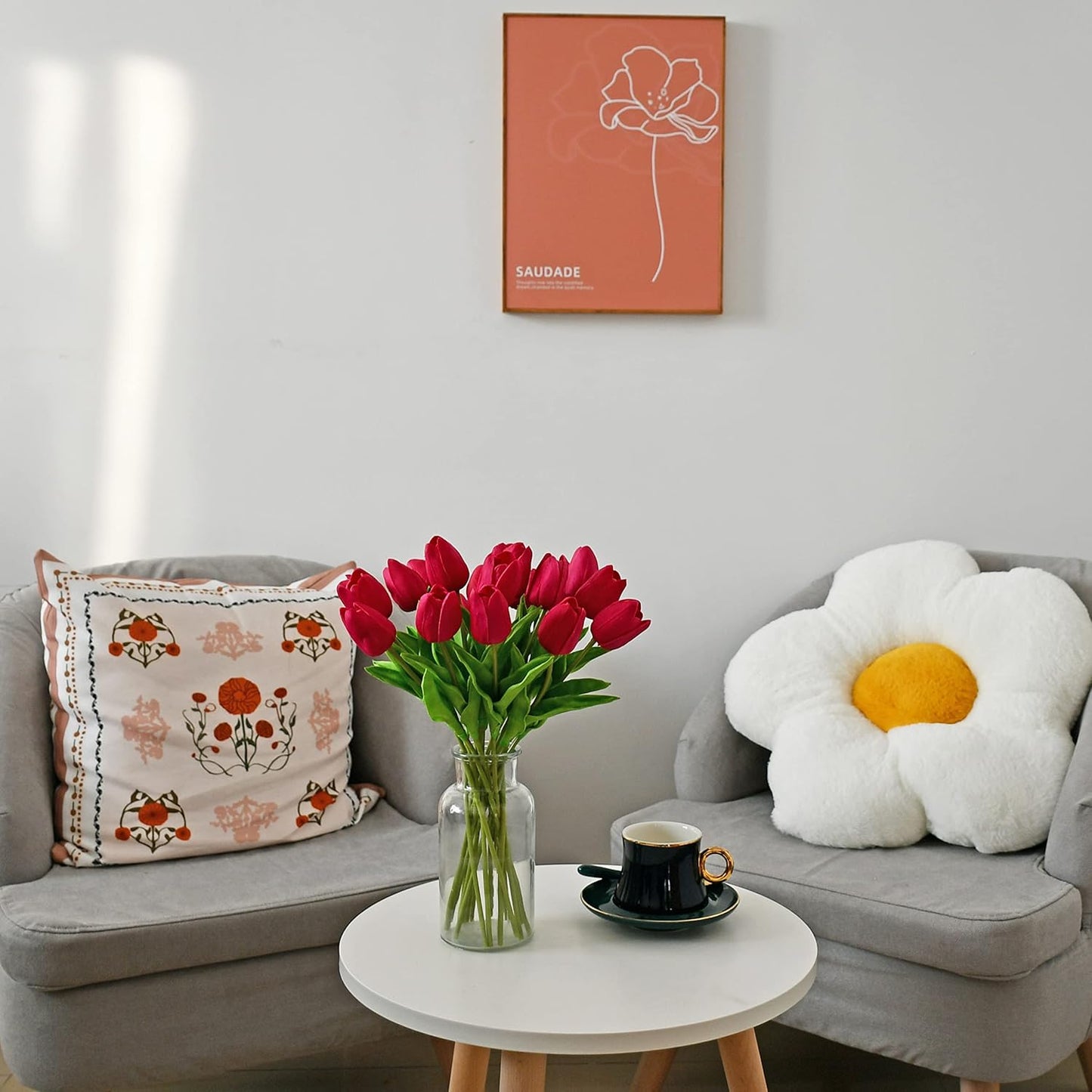 Mandy's Artificial Tulips 20 Stems Hot Pink PU Faux Flowers for Wedding Home Decor 13.5 Inch