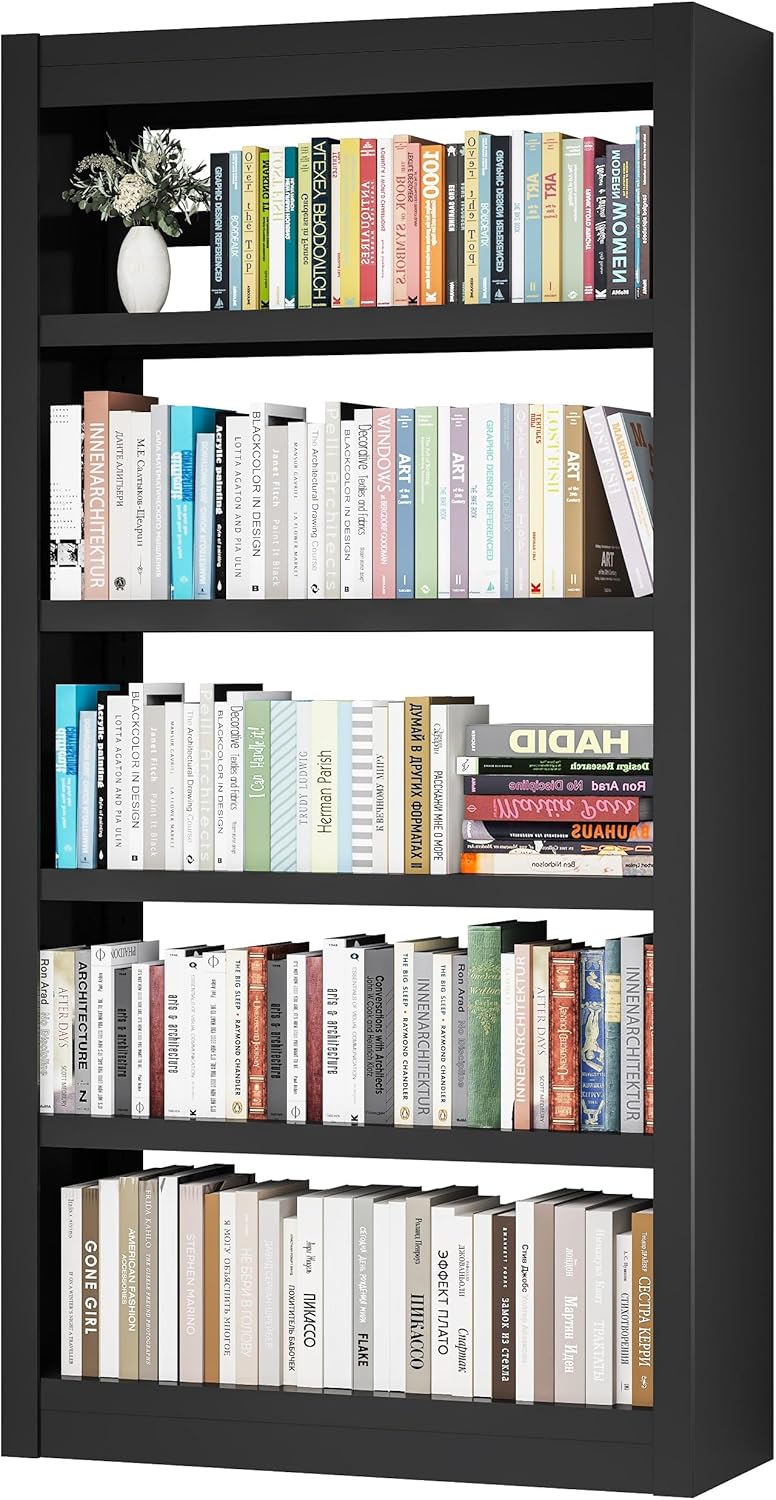 Metal Bookshelf Adjustable - 61" Tall Black Bookcase, 5 Tier Book Shelf, Tooless Assembly Book Case, Modern Bookshelves and Bookcases for Home Office, Living Room, Bedroom, Library