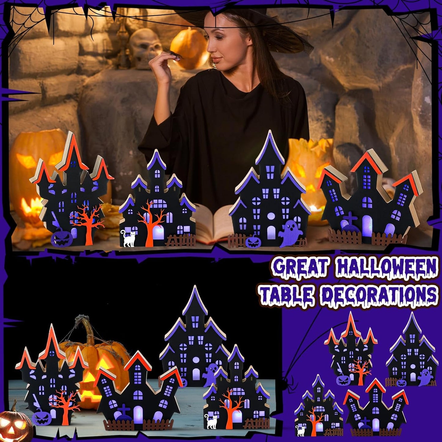 Bucherry 4 Pack Halloween Table Haunted House Decor Lighted Wooden Village Ghost House 3D Tabletop Decorations for Halloween Indoor Home Kitchen Desk Gift(New Style)