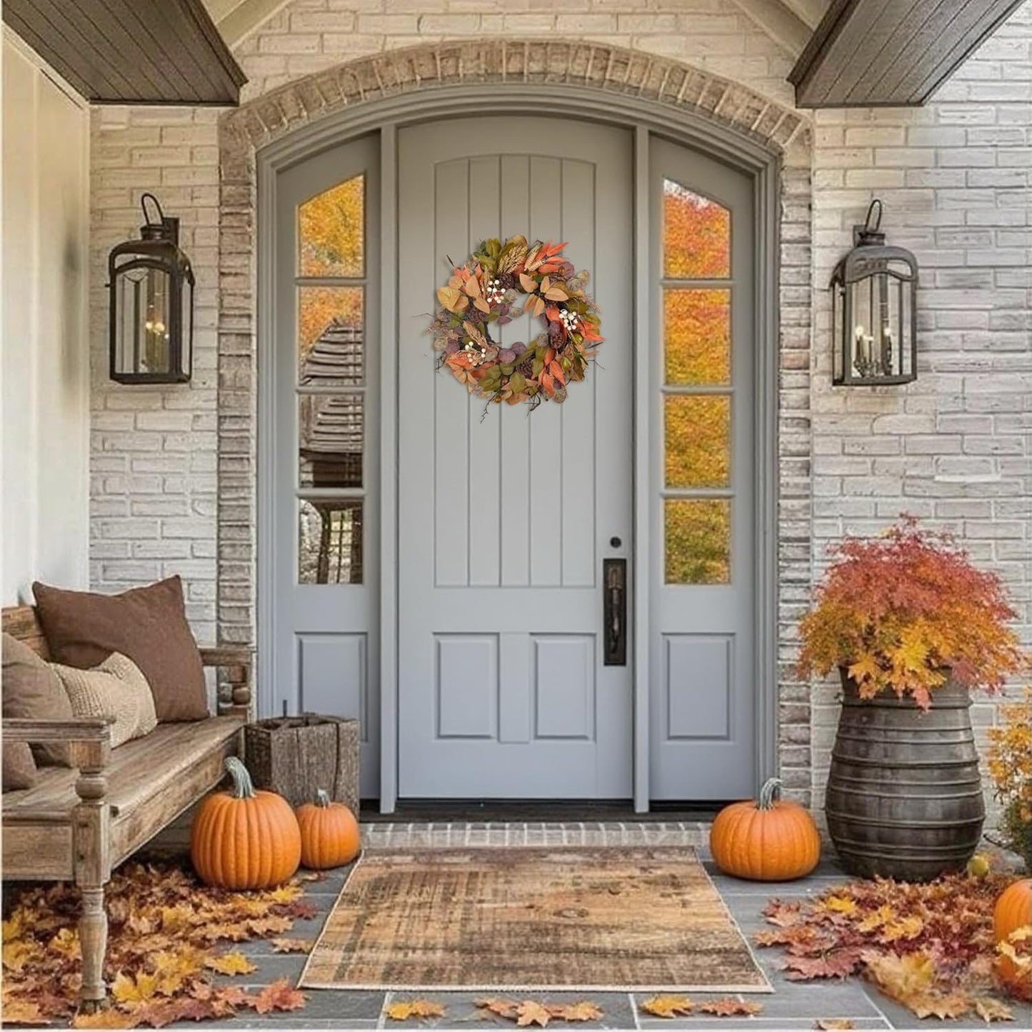 24" Fall Wreath for Front Door Handmade with Artificial Autumn Leaves, Natural Pinecones, Faux Berries and Wheat, Autumn Harvest Wreath Decoration for Home Farmhouse Door Wall Window Porch