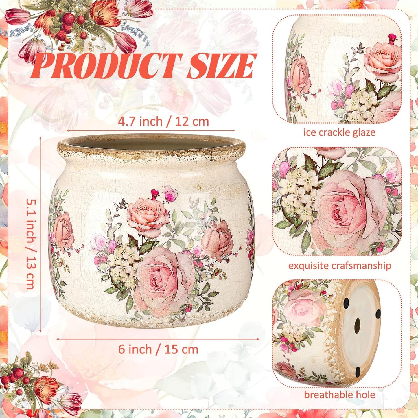 Vintage Planter Large Ceramic Plants Pot Beige Pink European Rose Ice Crack Cottage Scroll Vase Flower Vase Pot Indoor Plants Home Kitchen Decor Farmhouse Antique Decorative Gifts